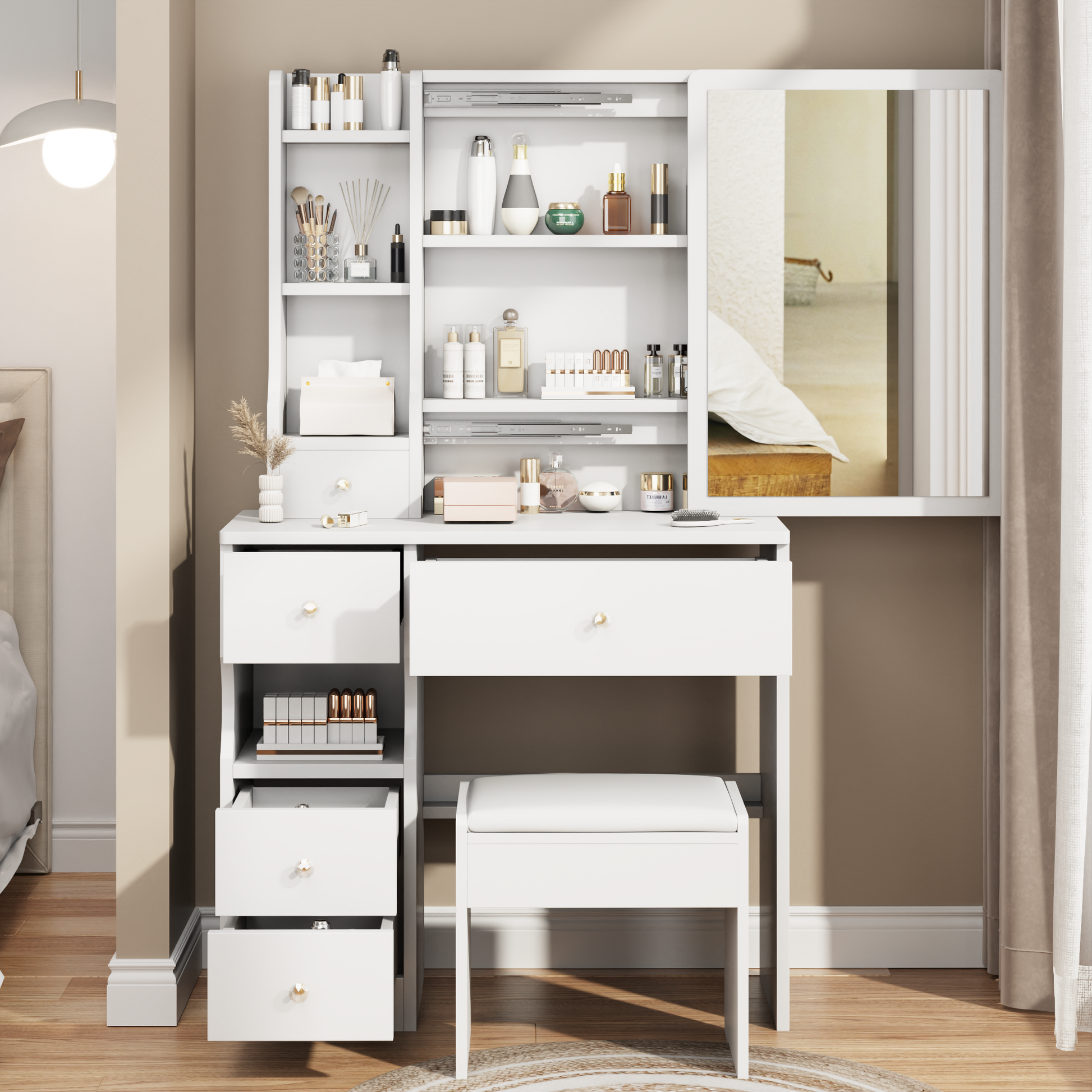 Small Space Left Drawer Desktop Vanity Table Cushioned Stool, Extra La Small Space Left Drawer Desktop Vanity Table Cushioned Stool, Extra La