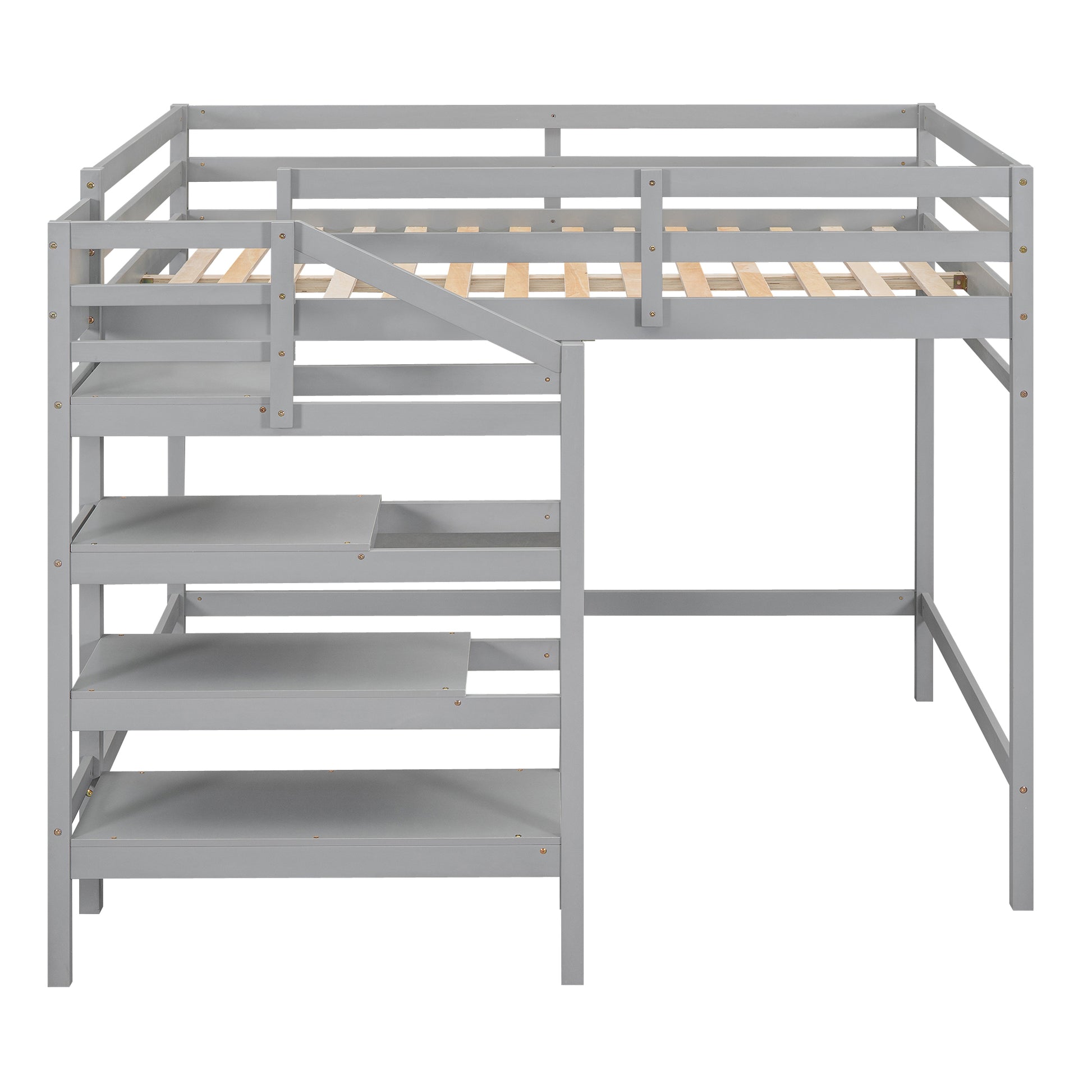 Full Size Loft Bed With Built In Storage Staircase And Hanger For Clothes, Gray Box Spring Not Required Full Gray Wood Bedroom Pine