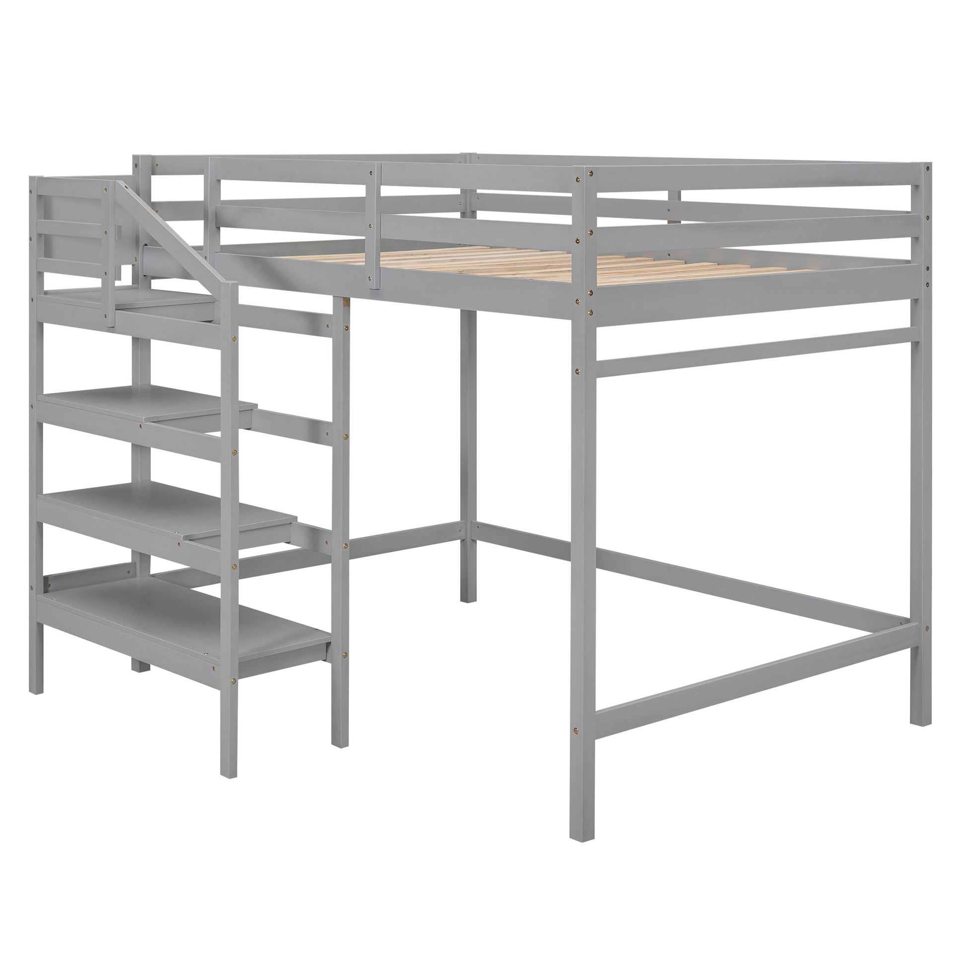 Full Size Loft Bed With Built In Storage Staircase And Hanger For Clothes, Gray Box Spring Not Required Full Gray Wood Bedroom Pine