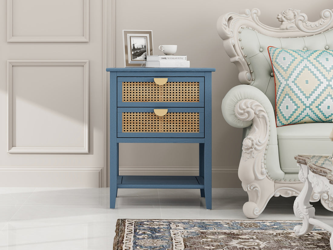 American Furniture,2 Drawer Side Table,Naturel Rattan,End Table,Suitable For Bedroom, Living Room, Study Blue Mdf