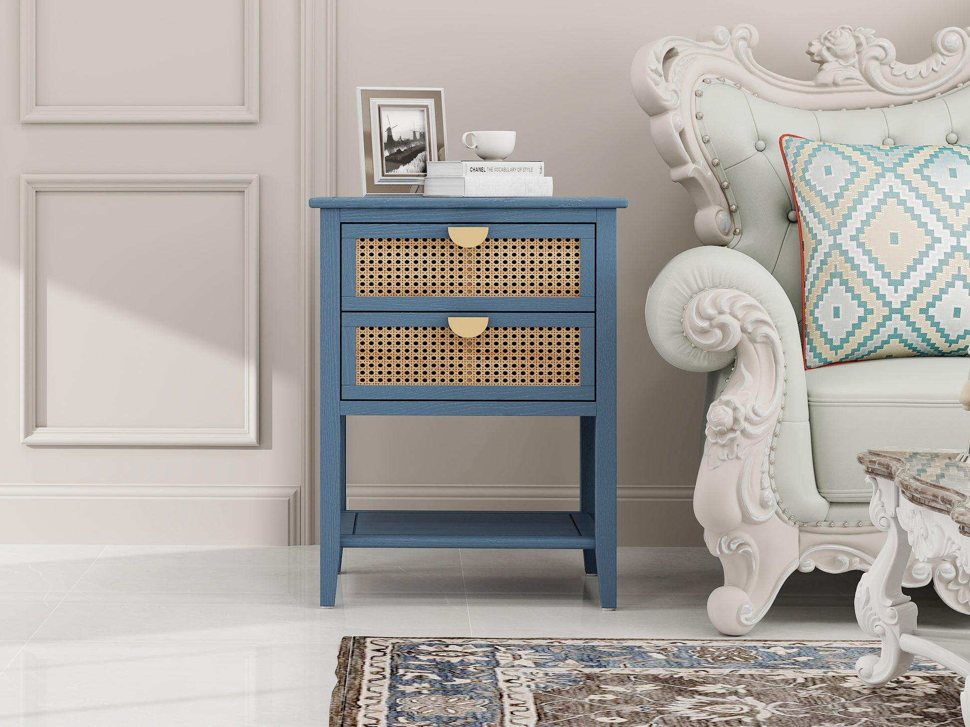 American Furniture,2 Drawer Side Table,Naturel Rattan,End Table,Suitable For Bedroom, Living Room, Study Blue Mdf