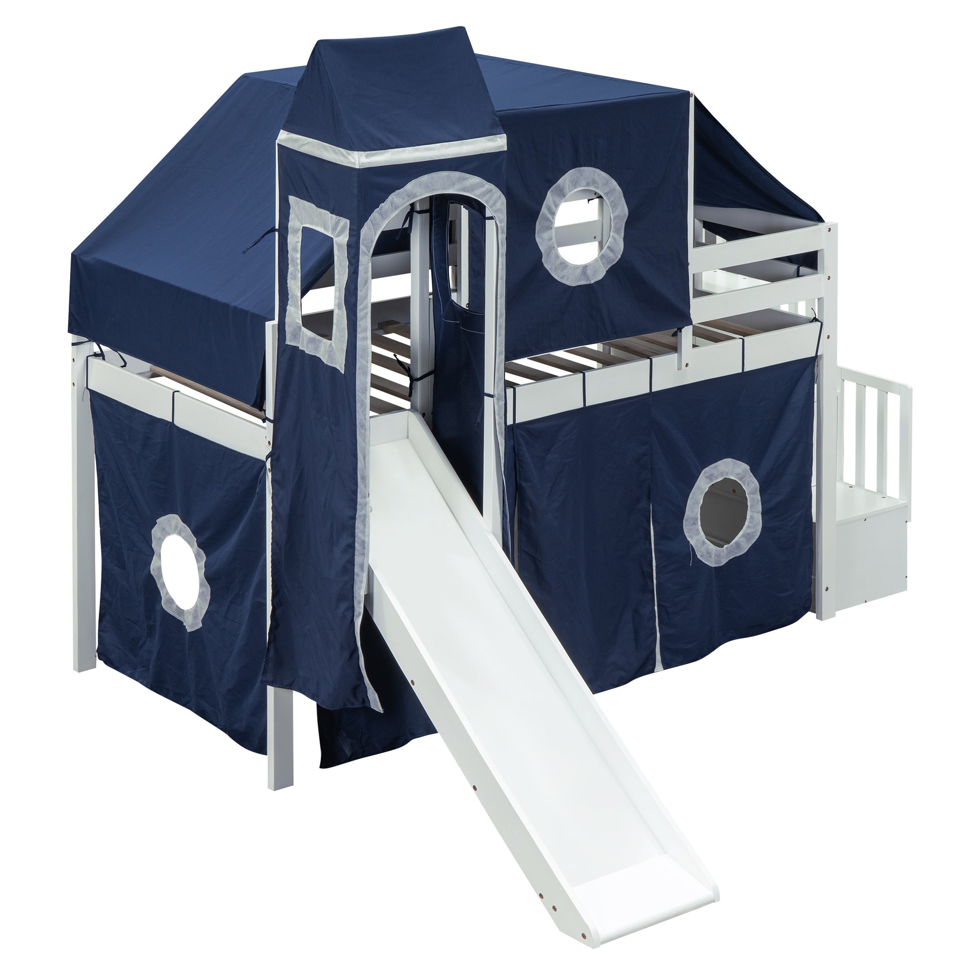 Twin Size Loft Bed With Tent And Tower Blue Blue Solid Wood