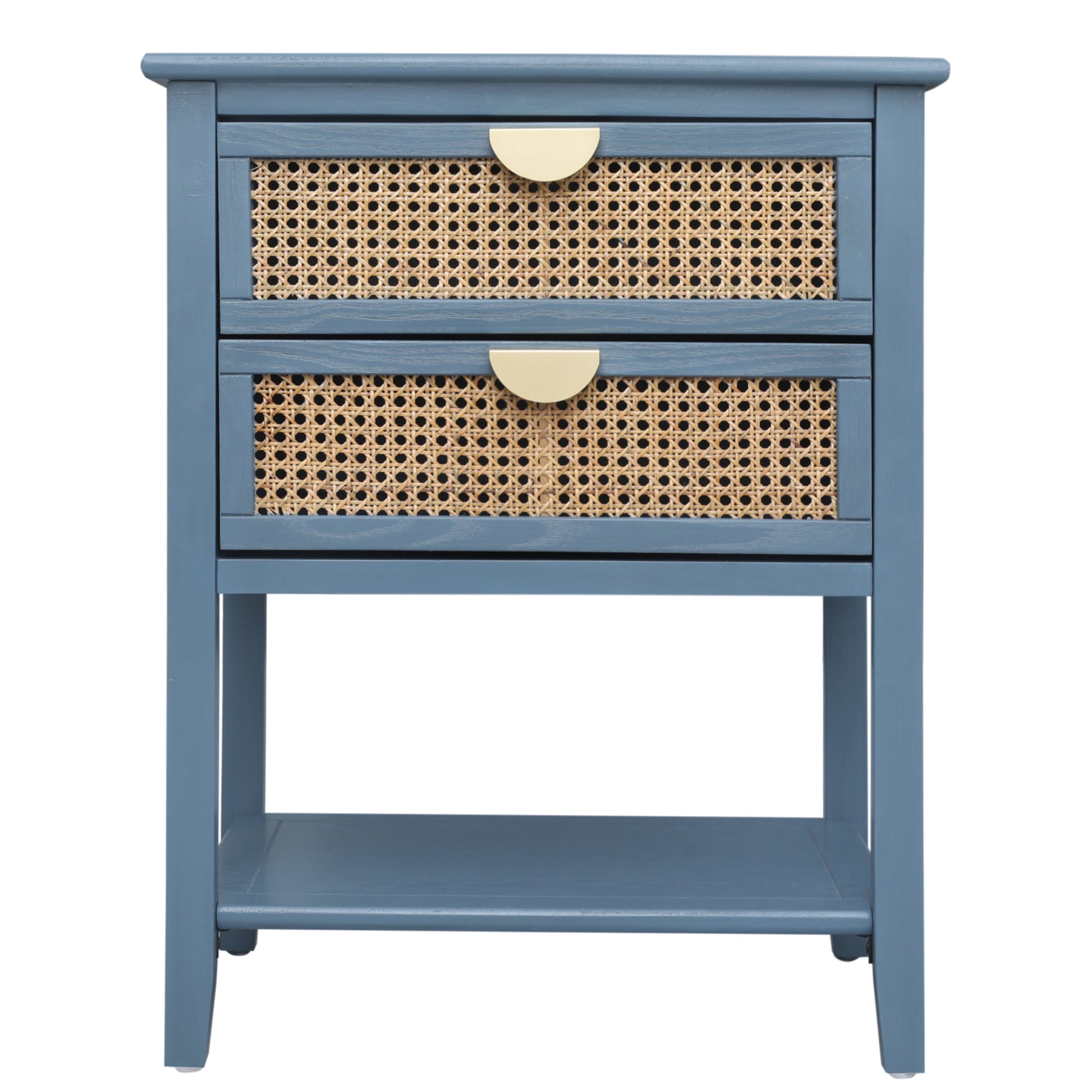 American Furniture,2 Drawer Side Table,Naturel Rattan,End Table,Suitable For Bedroom, Living Room, Study Blue Mdf