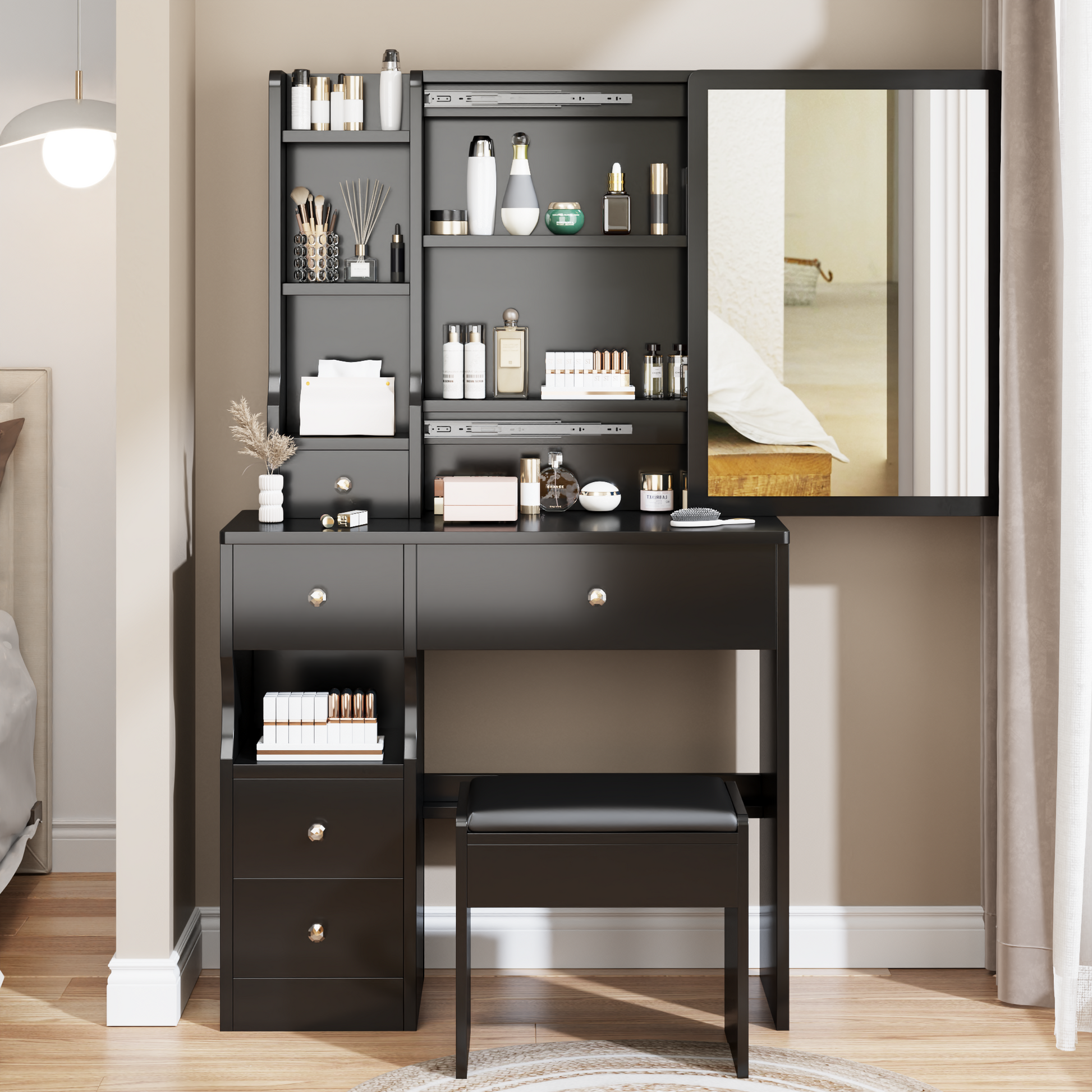 small dressing table black Small Space Left Drawer Desktop Vanity Table Cushioned Stool, Extra Large Right Sliding Mirror, Multi Layer High Capacity Storage, Practical