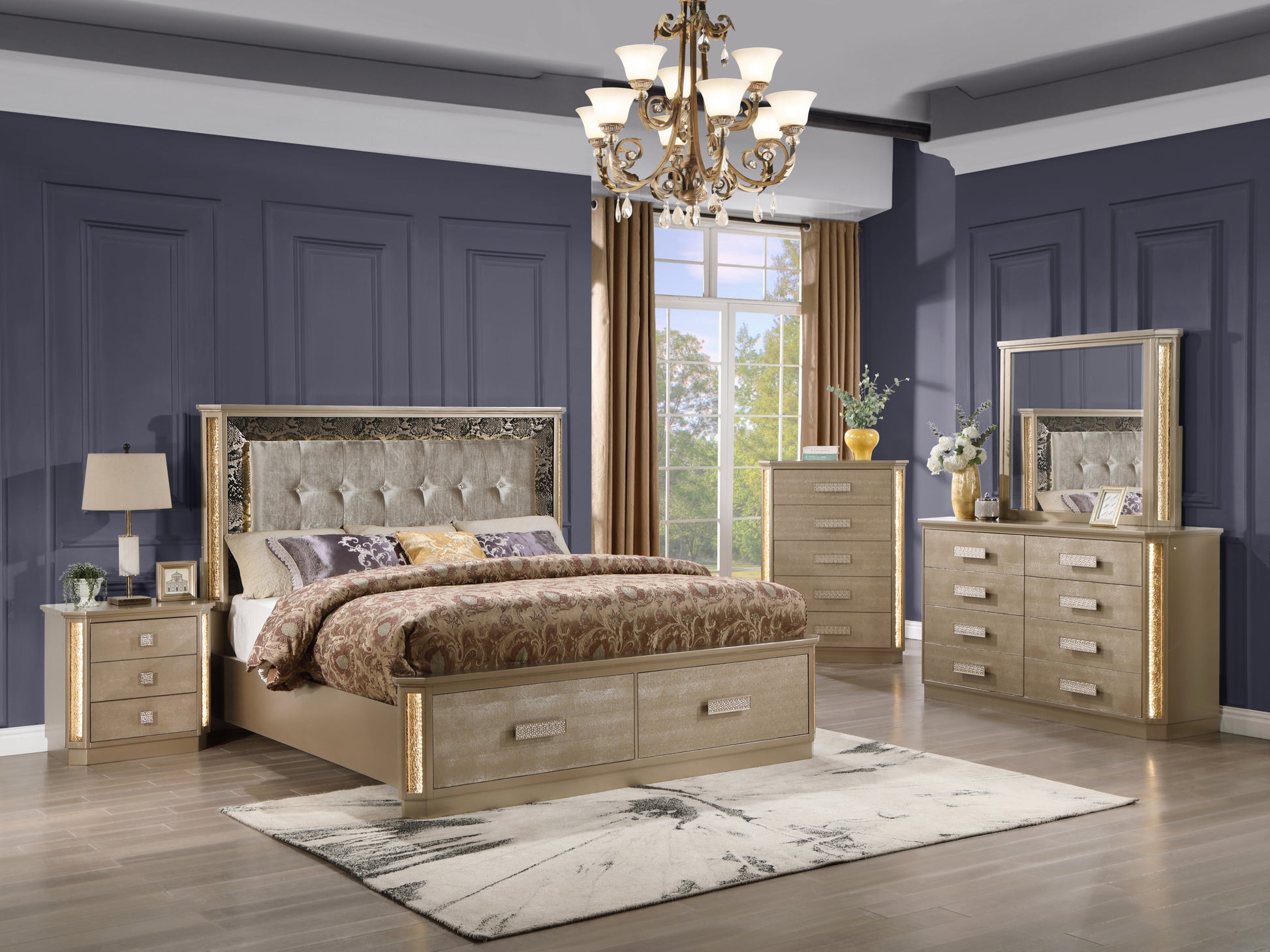 Medusa Queen 5Pc Bedroom Set Made With Wood In Gold Box Spring Not Req Medusa Queen 5Pc Bedroom Set Made With Wood In Gold Box Spring Not Req