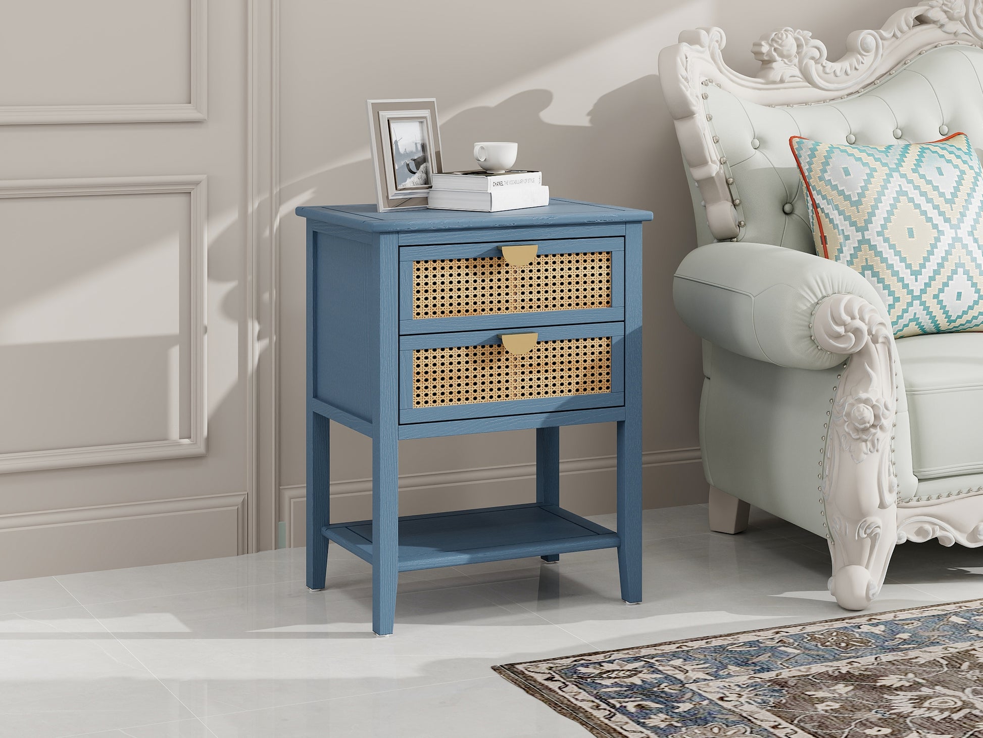 American Furniture,2 Drawer Side Table,Naturel Rattan,End Table,Suitable For Bedroom, Living Room, Study Blue Mdf