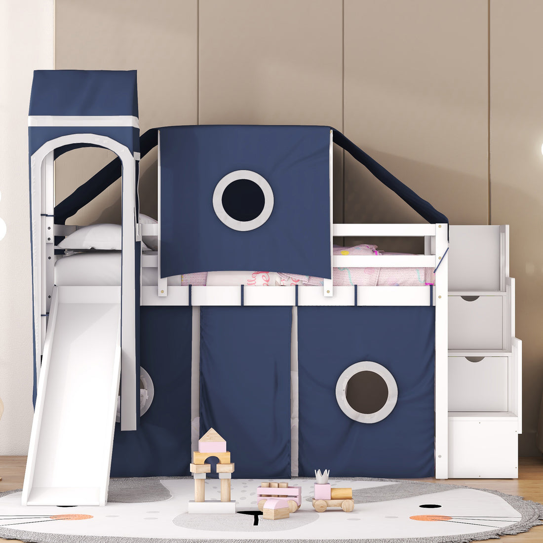 Twin Size Loft Bed With Tent And Tower Blue Blue Solid Wood