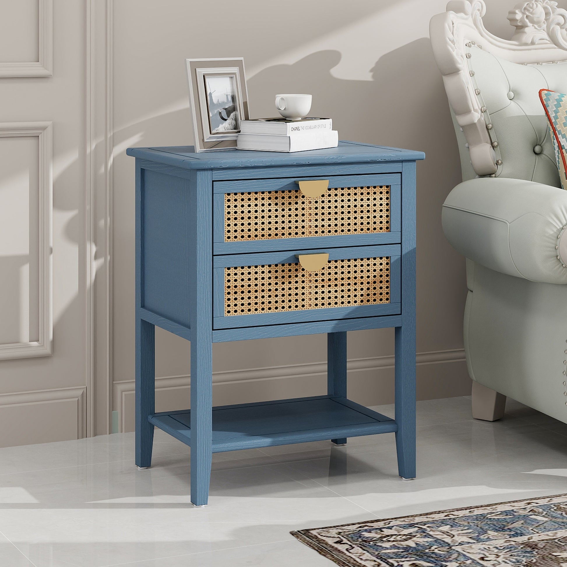 American Furniture,2 Drawer Side Table,Naturel Rattan,End Table,Suitable For Bedroom, Living Room, Study Blue Mdf