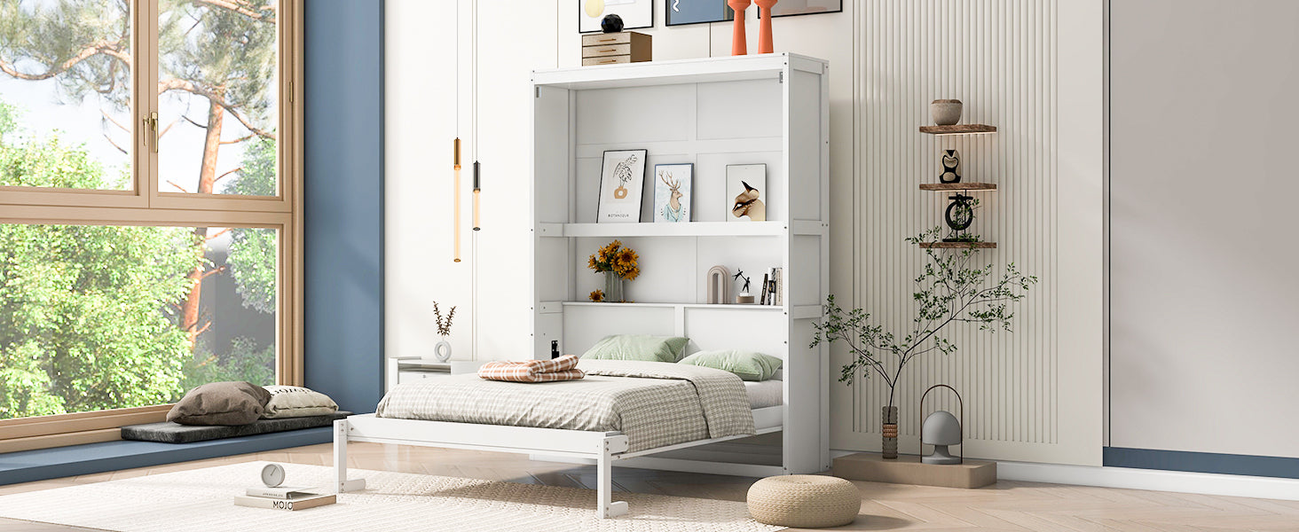 Full Size Murphy Bed Wall Bed With Shelves,White White Solid Wood Mdf