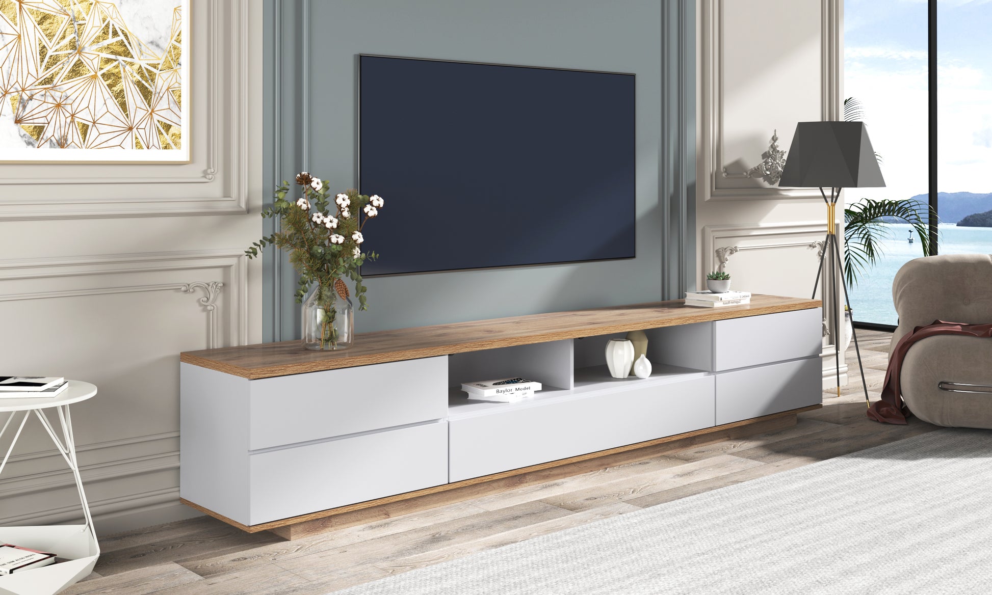 Modern Tv Stand For Tvs Up To 80''Media Console With Multi Functional Storage, Entertainment Center With Door Rebound Device, Tv Cabinet For Living Room,Bedroom White Natural Primary Living Space 70 79 Inches 70 79 Inches 75 Inches Mdf