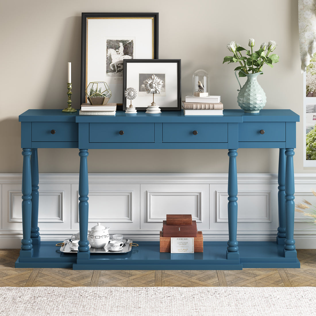 Retro Senior Console Table For Hallway Living Room Bedroom With 4 Front Facing Storage Drawers And 1 Shelf Navy Blue Mdf