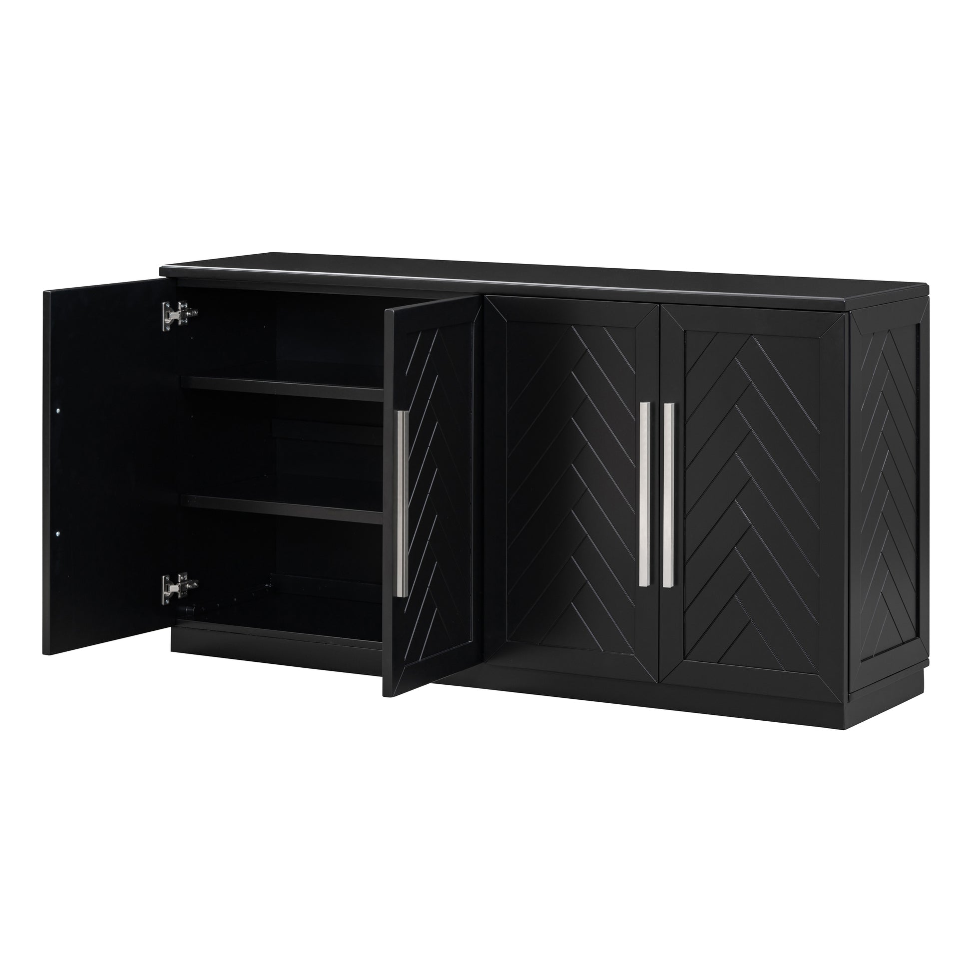 Sideboard With 4 Doors Large Storage Space Buffet Cabinet With Adjustable Shelves And Silver Handles For Kitchen, Dining Room, Living Room Black Black Solid Wood Mdf