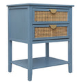 American Furniture,2 Drawer Side Table,Naturel Rattan,End Table,Suitable For Bedroom, Living Room, Study Blue Mdf