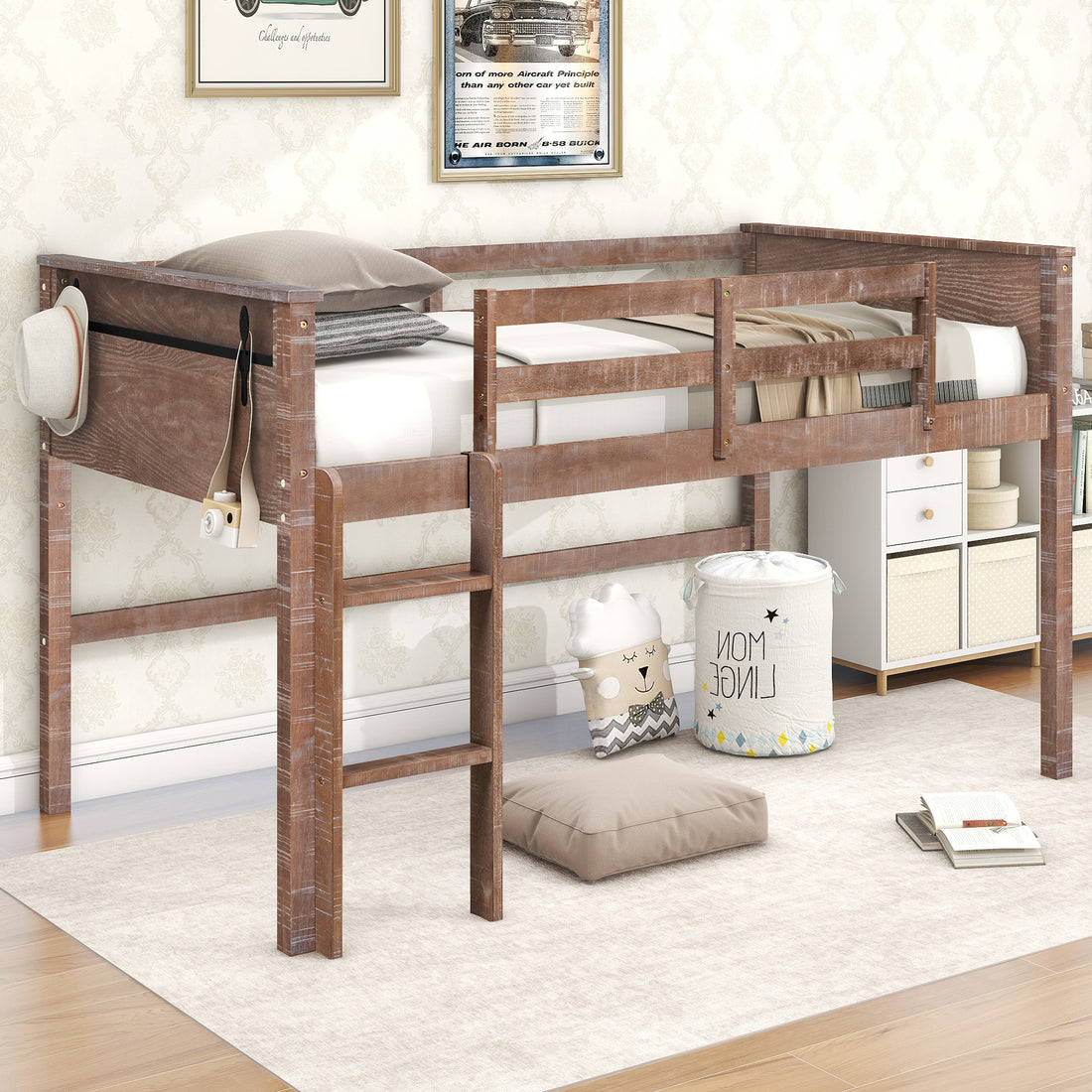 Wood Twin Size Loft Bed With Hanging Clothes Racks, White Rustic Natural Box Spring Not Required Twin Natural Wood Bedroom Solid Wood Mdf