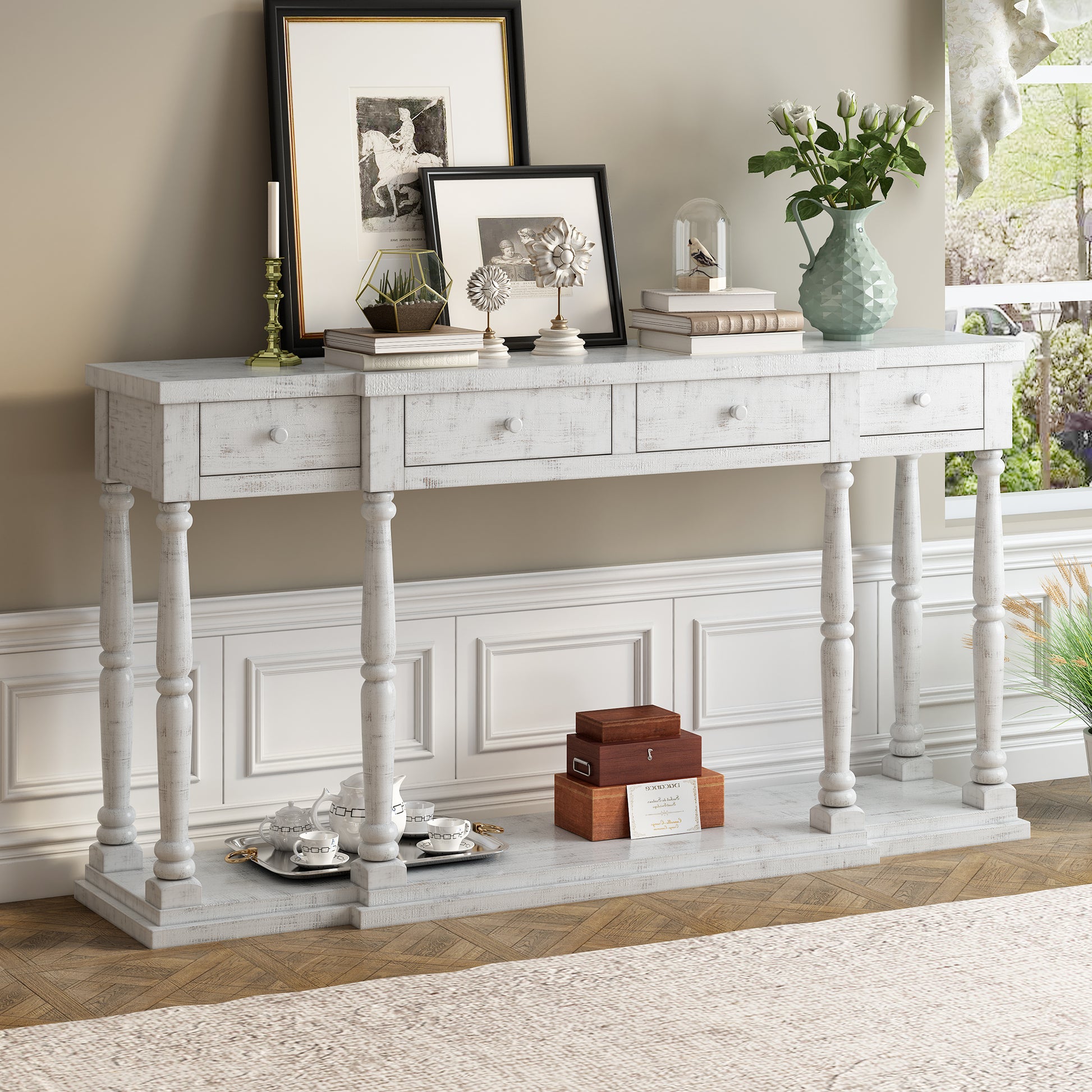 Retro Senior Console Table For Hallway Living Room Bedroom With 4 Front Facing Storage Drawers And 1 Shelf Antique White Mdf