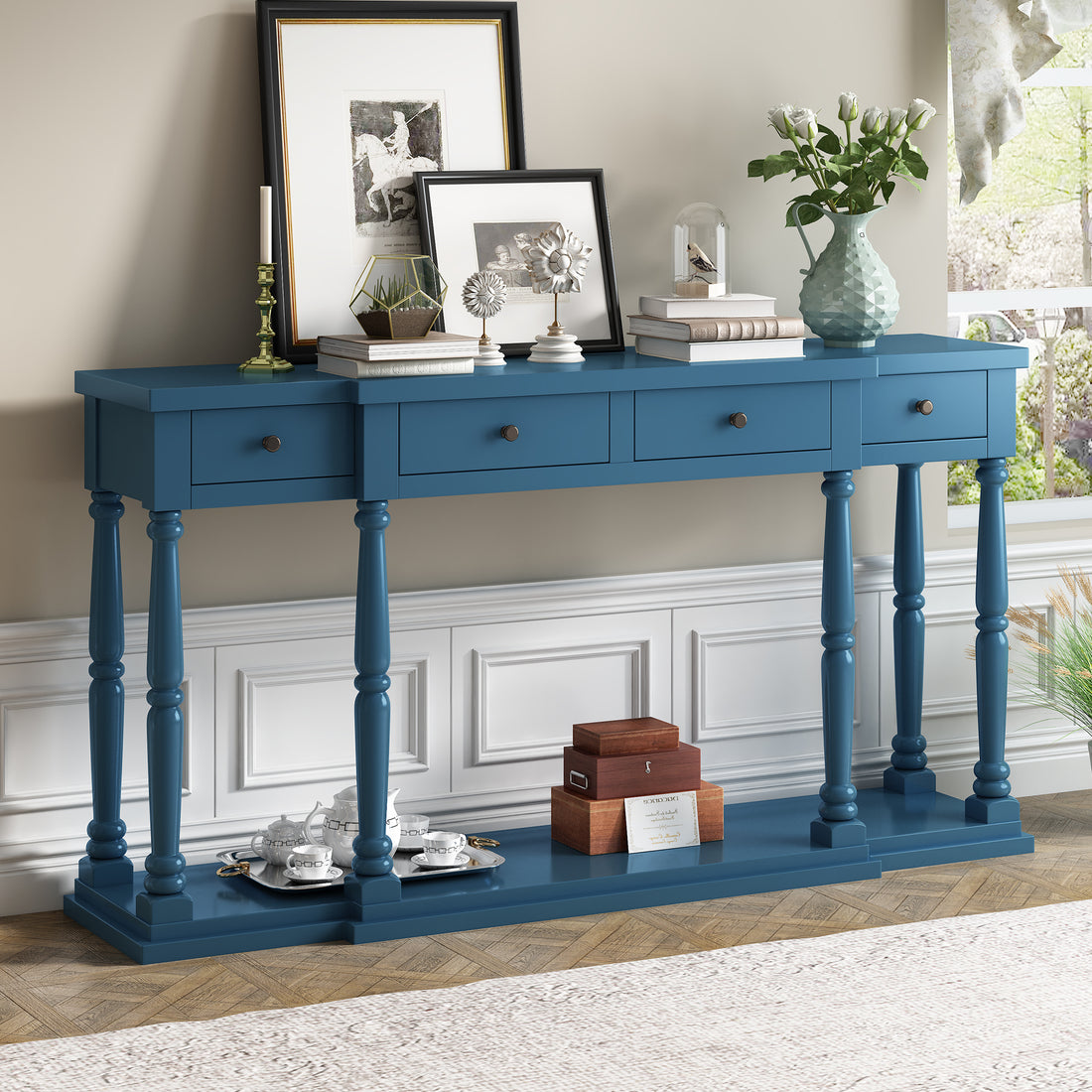 Retro Senior Console Table For Hallway Living Room Bedroom With 4 Front Facing Storage Drawers And 1 Shelf Navy Blue Mdf