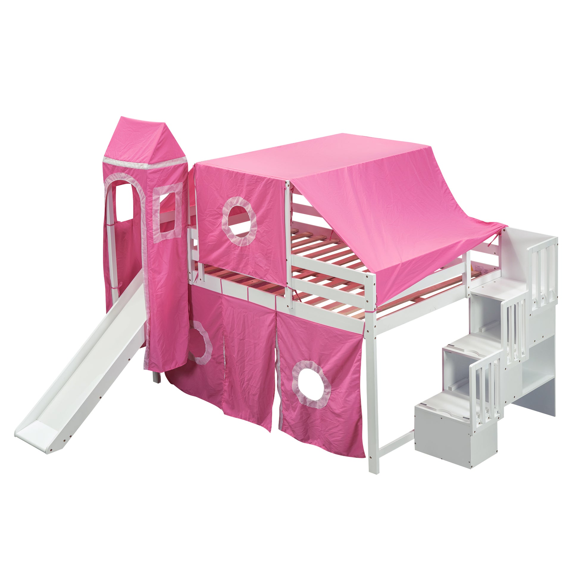 Full Size Loft Bed With Tent And Tower Pink Pink Solid Wood