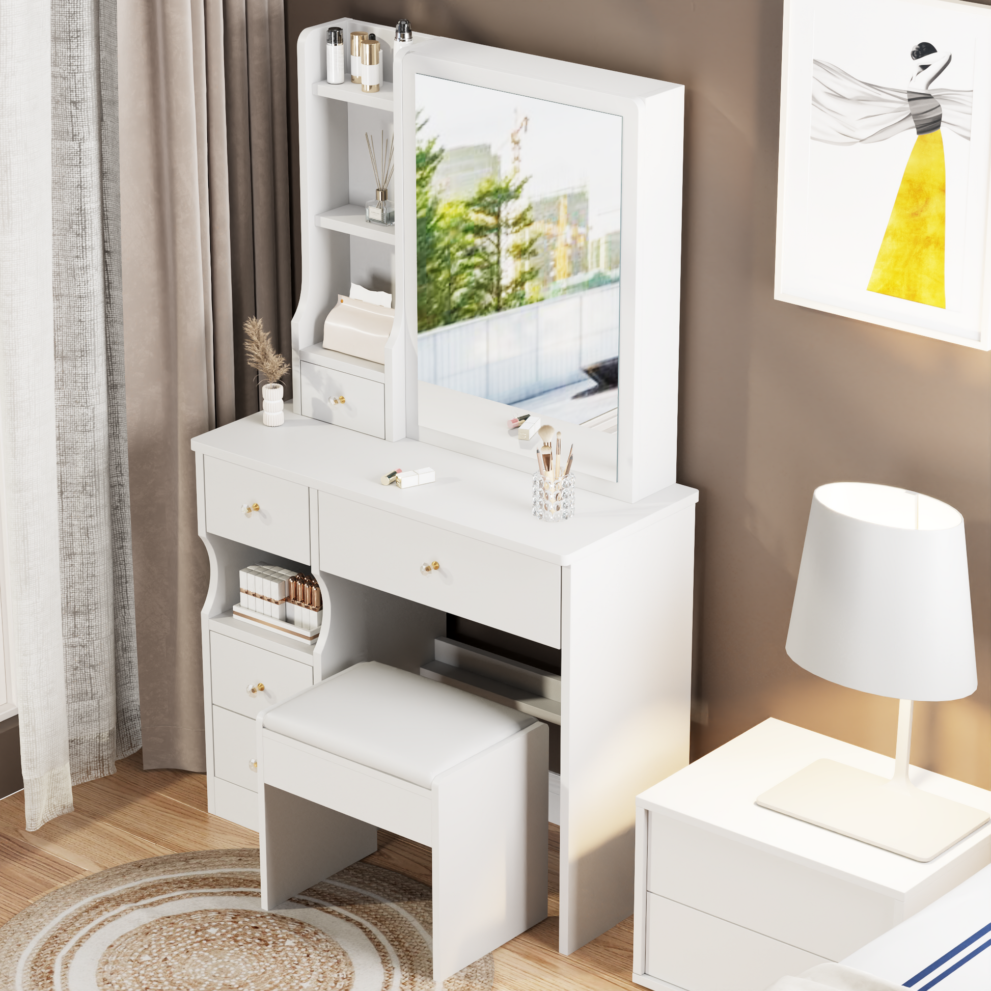 dresser table Small Space Left Drawer Desktop Vanity Table Cushioned Stool, Extra La