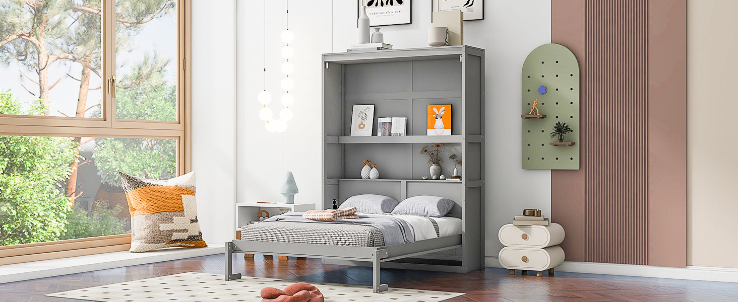 Full Size Murphy Bed Wall Bed With Shelves,Gray Gray Solid Wood Mdf