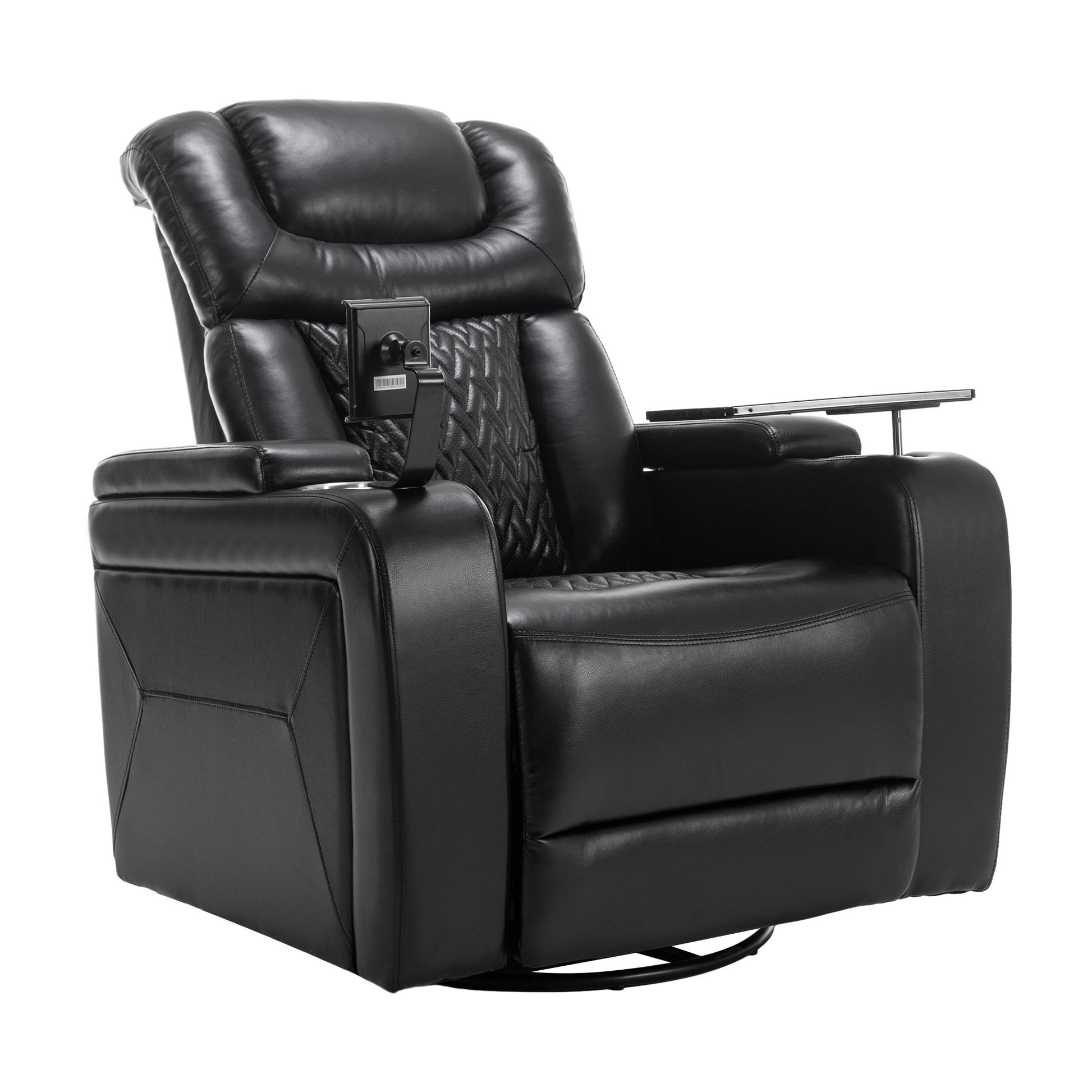 270 Degree Swivel Pu Leather Power Recliner Individual Seat Home Theater Recliner With Comforable Backrest, Tray Table, Phone Holder, Cup Holder, Usb Port, Hidden Arm Storage For Living Room, Black Black Foam Pu Leather