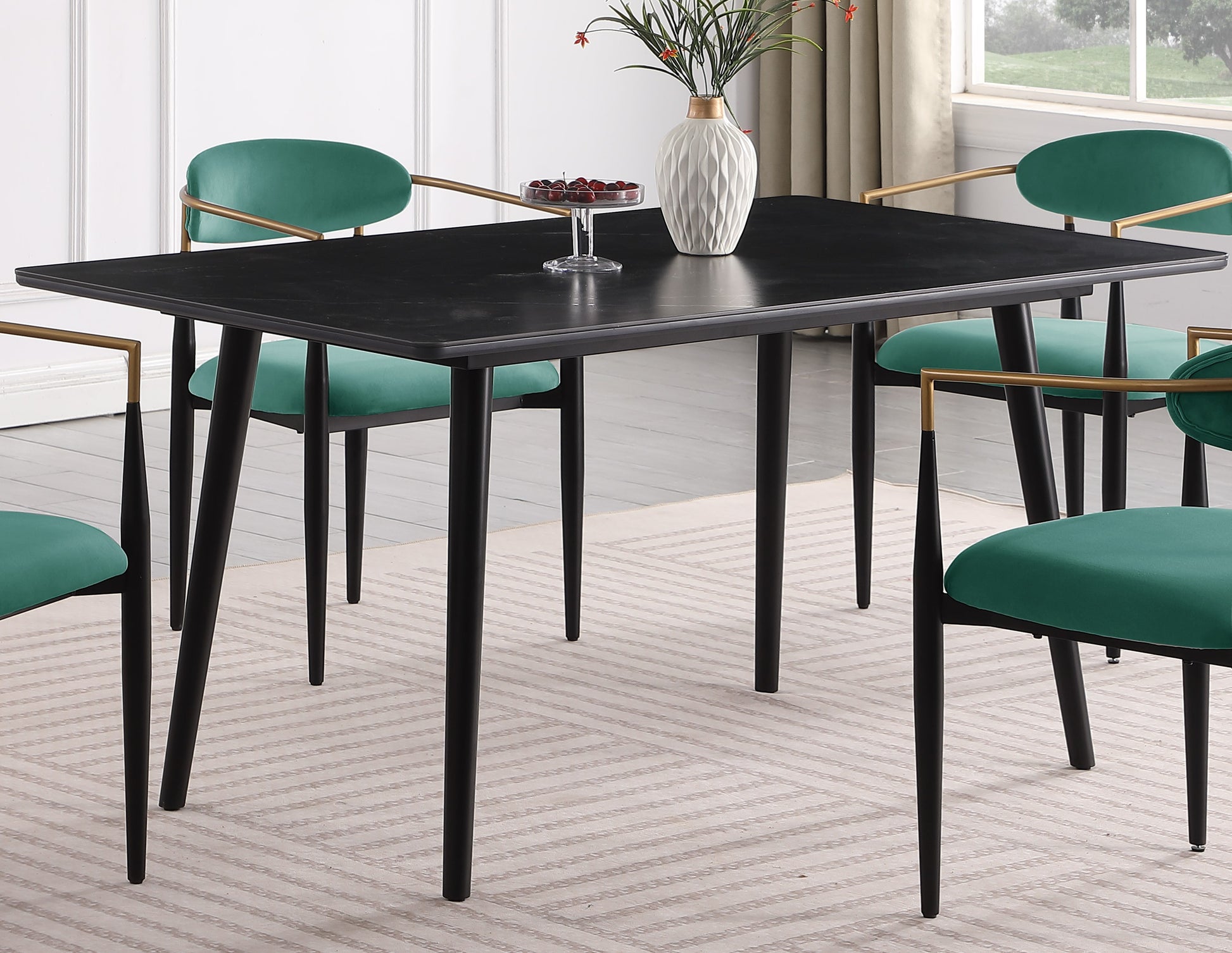 Modern Contemporary 5Pc Dining Set Black Sintered Stone Table And Green Chairs Fabric Upholstered Stylish Furniture Blackish Green Seats 4 Dining Room 60 Inches Contemporary,Modern,Ultra Modern Rectangular Dining Table With Chair Sintered Stone