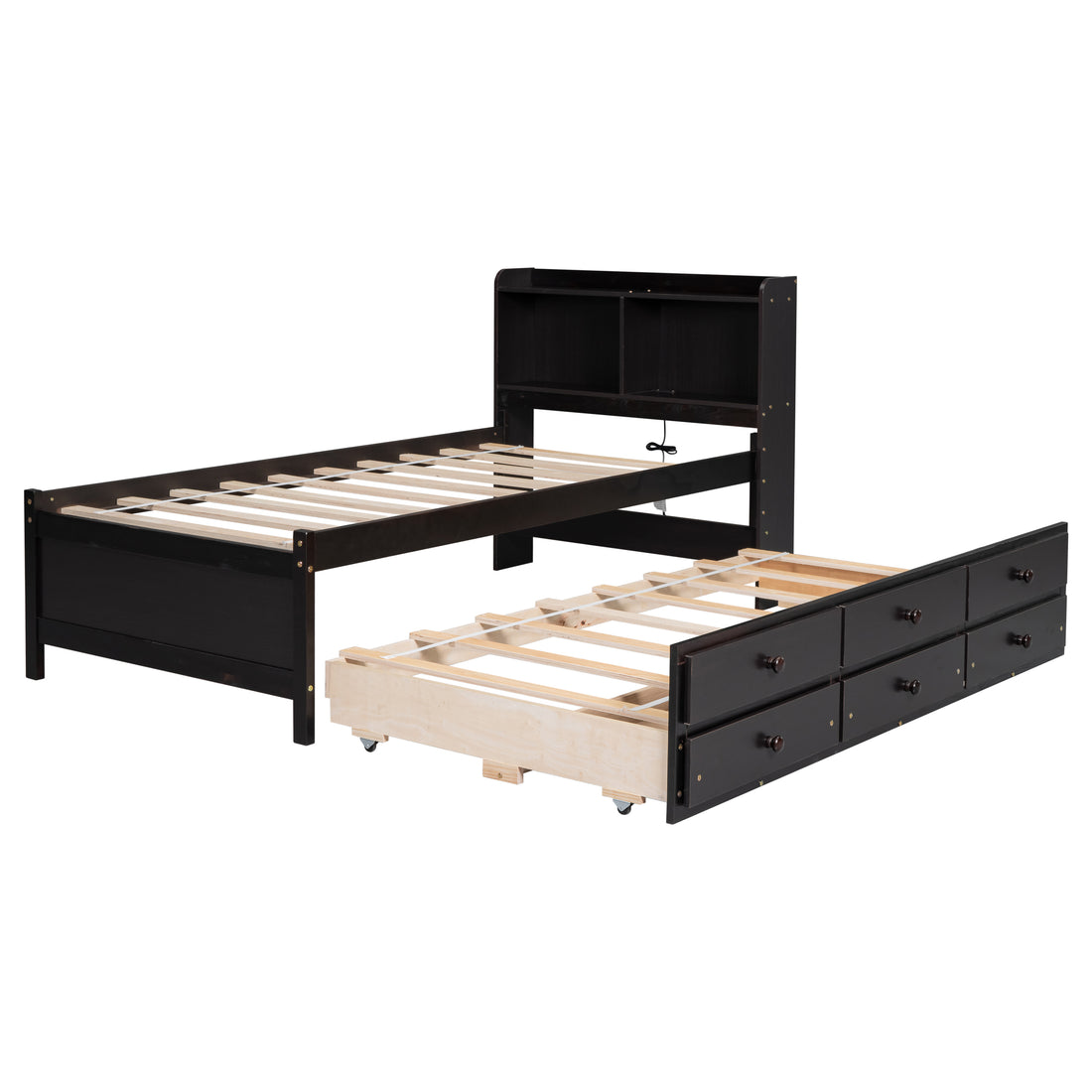 Twin Size Bed With Built In Usb ,Type C Ports, Led Light, Bookcase Headboard, Trundle And 3 Storage Drawers, Twin Size Bed With Bookcase Headboard, Trundle And Storage Drawers ,Espresso Twin Espresso American Design Pine