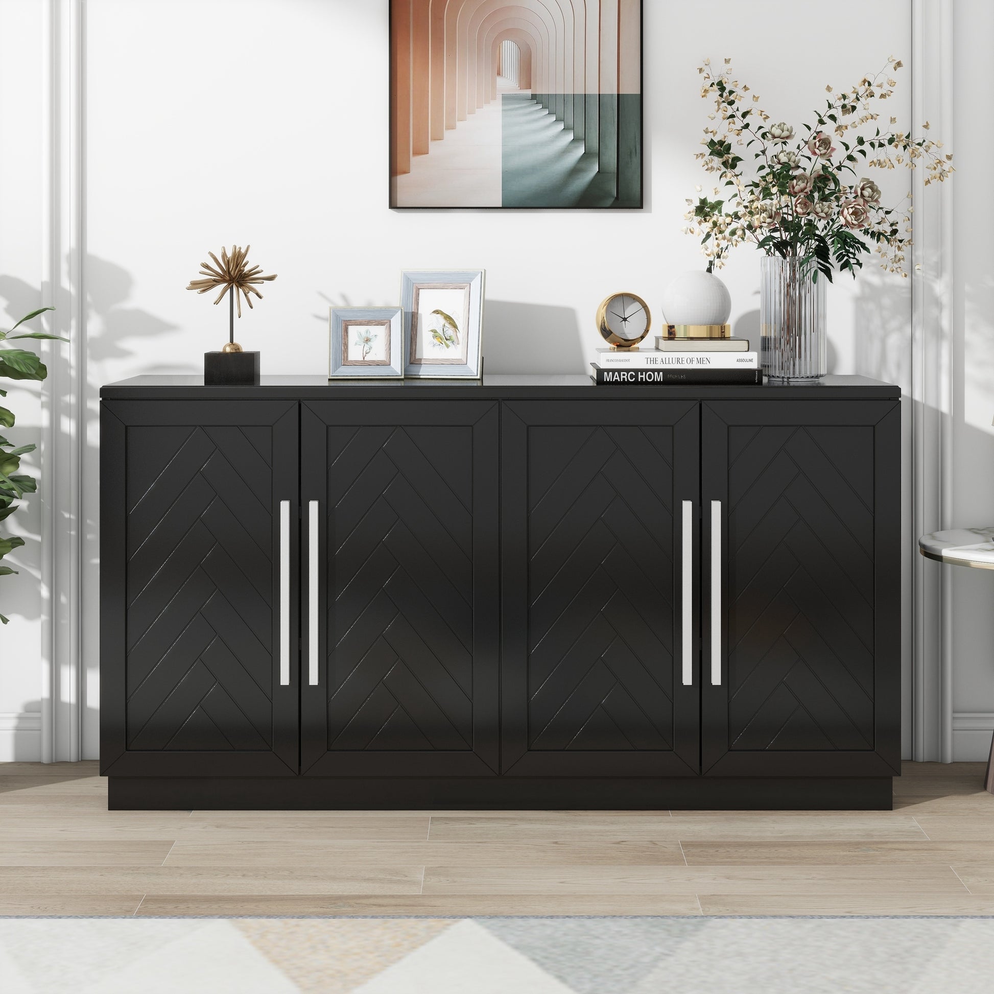 Sideboard With 4 Doors Large Storage Space Buffet Cabinet With Adjustable Shelves And Silver Handles For Kitchen, Dining Room, Living Room Black Black Solid Wood Mdf