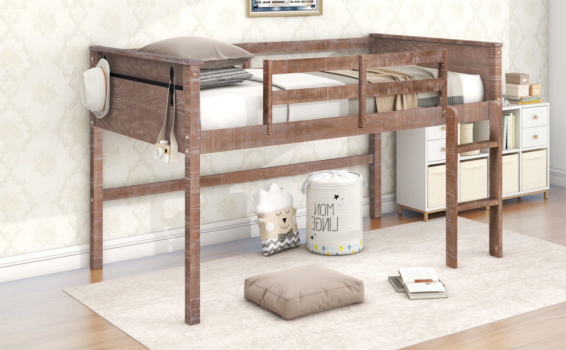 Wood Twin Size Loft Bed With Hanging Clothes Racks, White Rustic Natural Box Spring Not Required Twin Natural Wood Bedroom Solid Wood Mdf