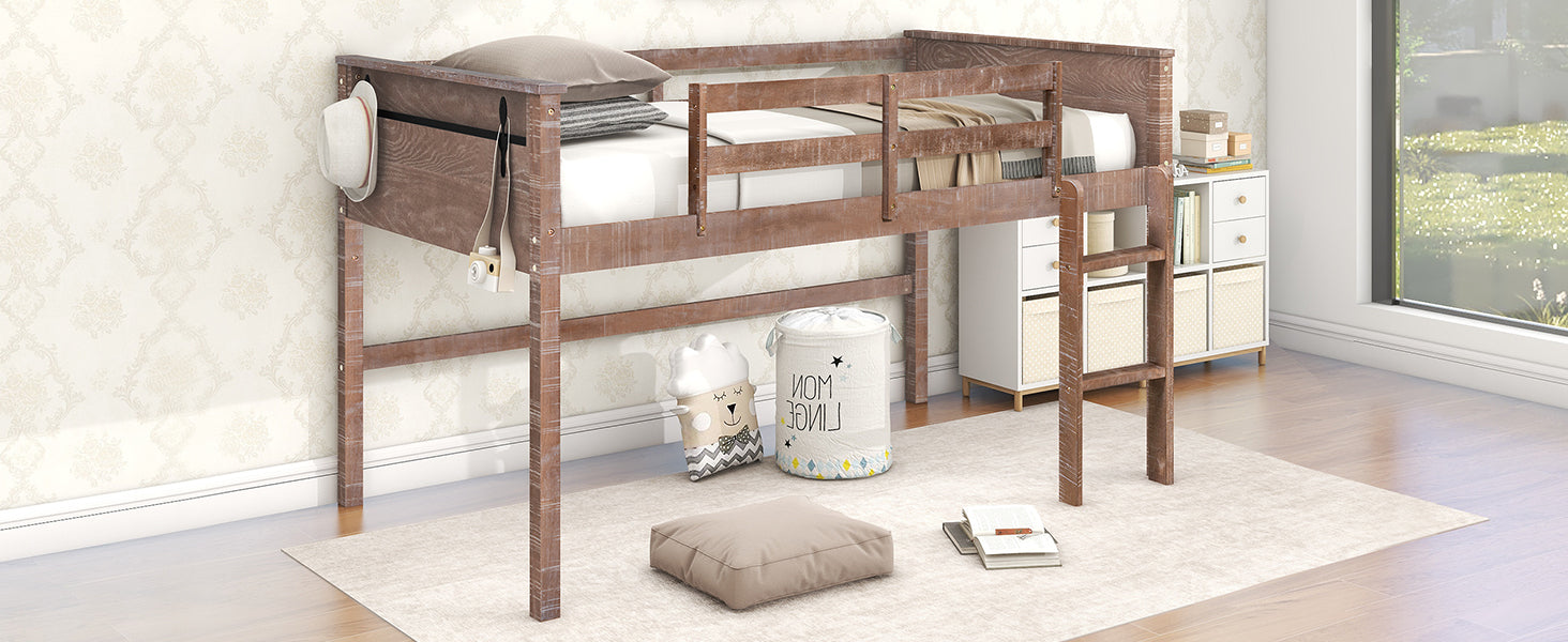 Wood Twin Size Loft Bed With Hanging Clothes Racks, White Rustic Natural Box Spring Not Required Twin Natural Wood Bedroom Solid Wood Mdf