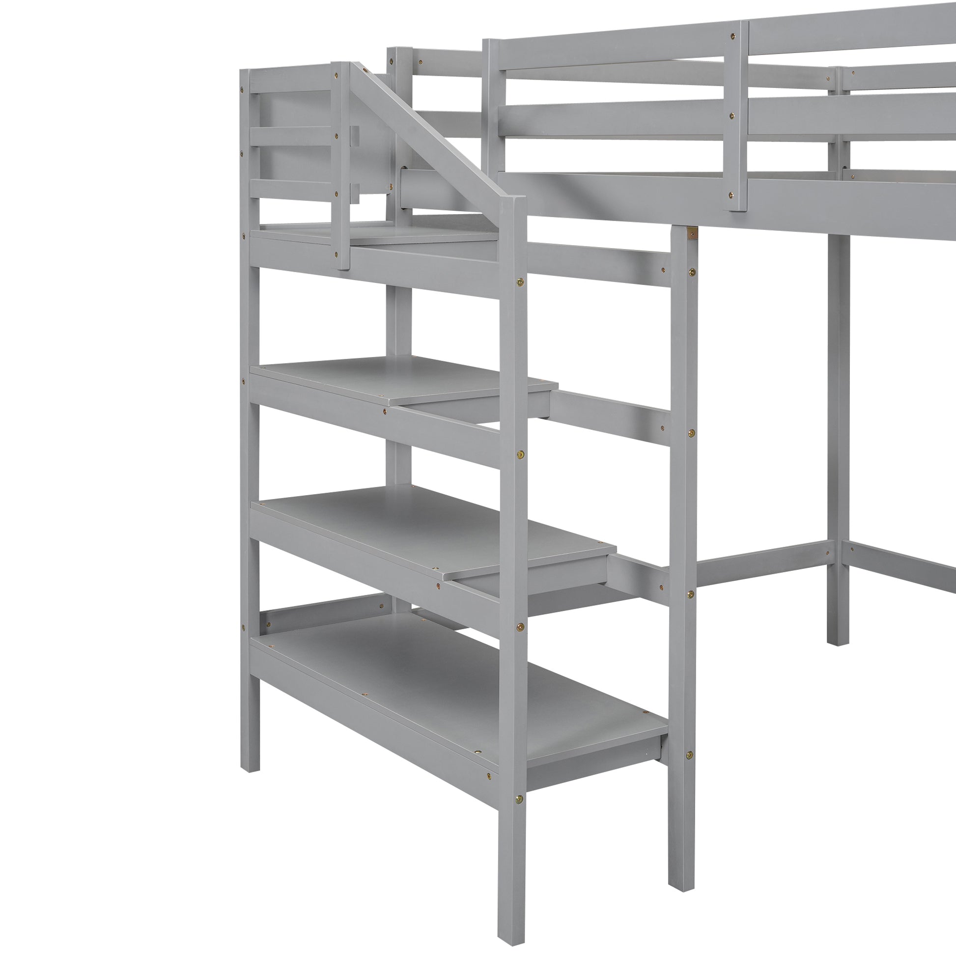Full Size Loft Bed With Built In Storage Staircase And Hanger For Clothes, Gray Box Spring Not Required Full Gray Wood Bedroom Pine