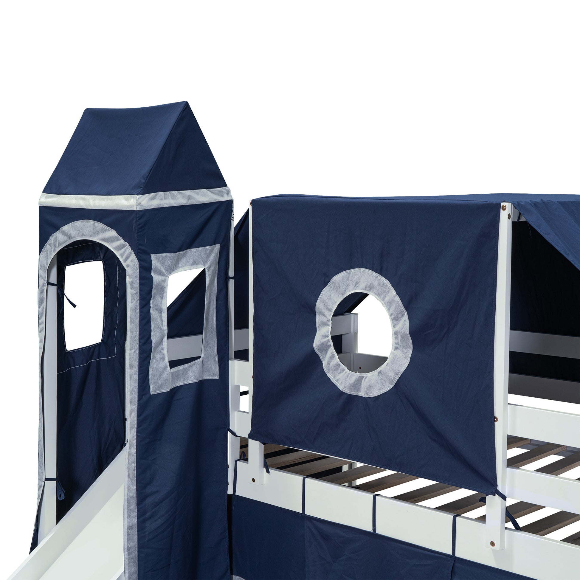 Twin Size Loft Bed With Tent And Tower Blue Blue Solid Wood