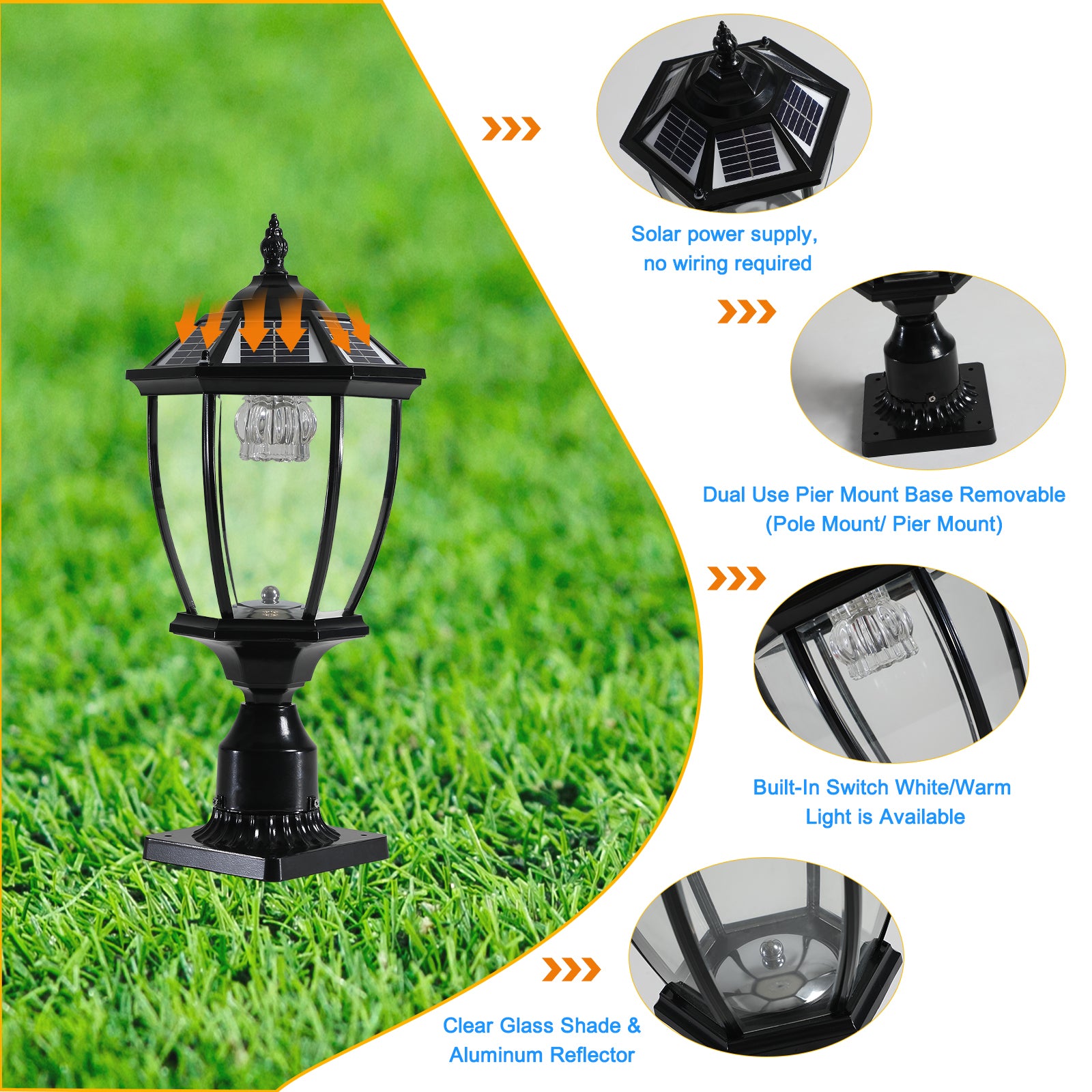 Solar Column Headlights With Dimmable Led 2 Pack Black Glass Aluminum