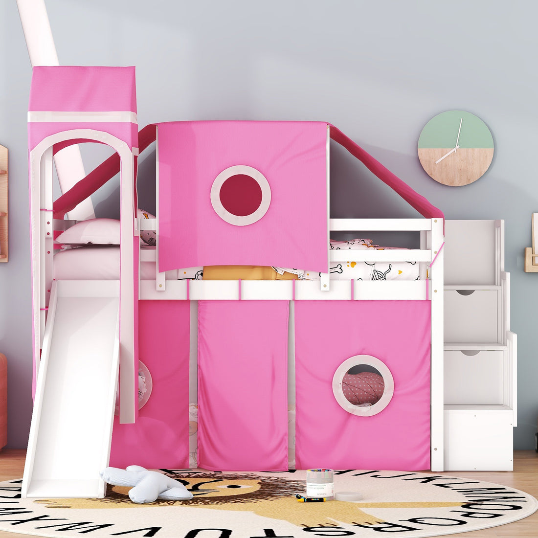 Twin Size Loft Bed With Tent And Tower Pink Pink Solid Wood