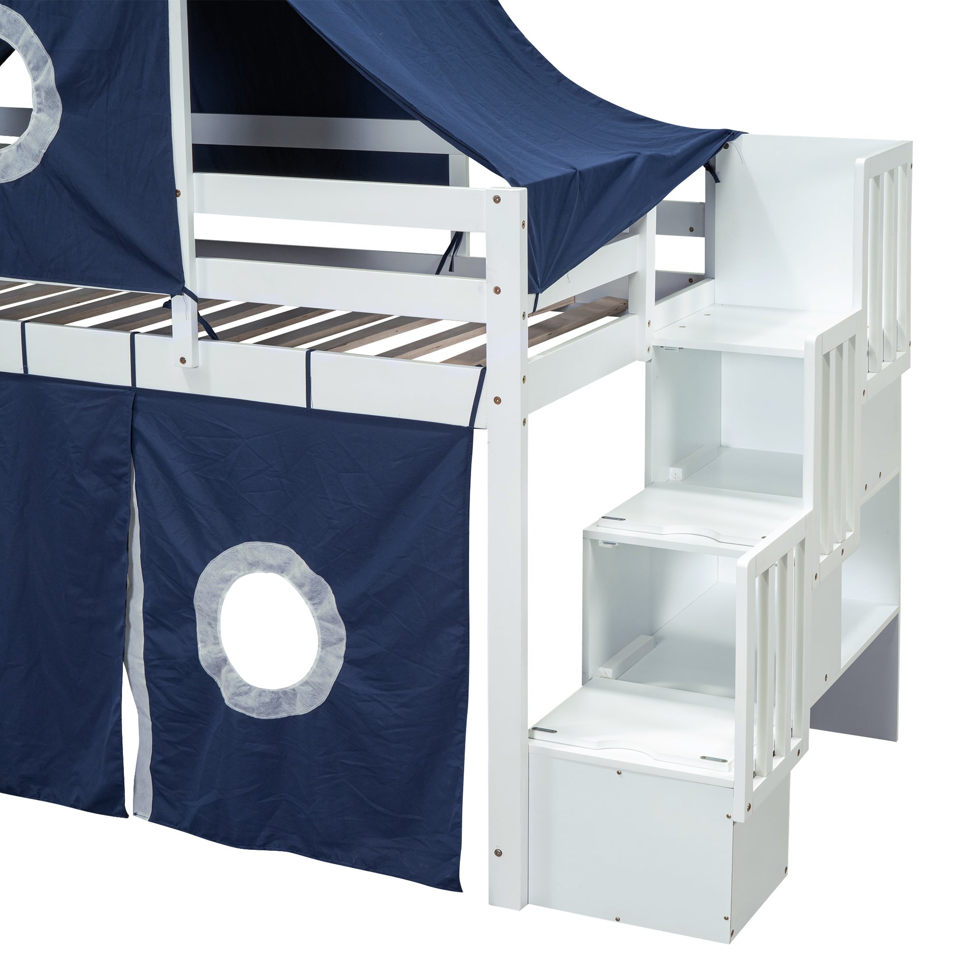 Twin Size Loft Bed With Tent And Tower Blue Blue Solid Wood