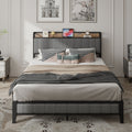 Queen Size Bed Frame With Charging Station, Upholstered Headboard, Metal Platform, Grey Box Spring Not Required Queen Dark Gray Metal Bedroom Bed Frame Upholstered Linen Metal