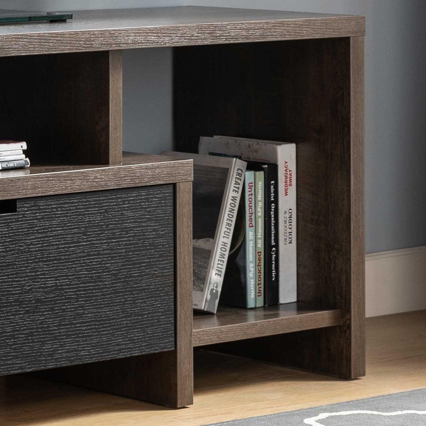 Two Toned 60 Inch Modern Tv Stand With Three Shelves, Large Drawer Walnut Oak & Black Walnut 50 59 Inches Particle Board