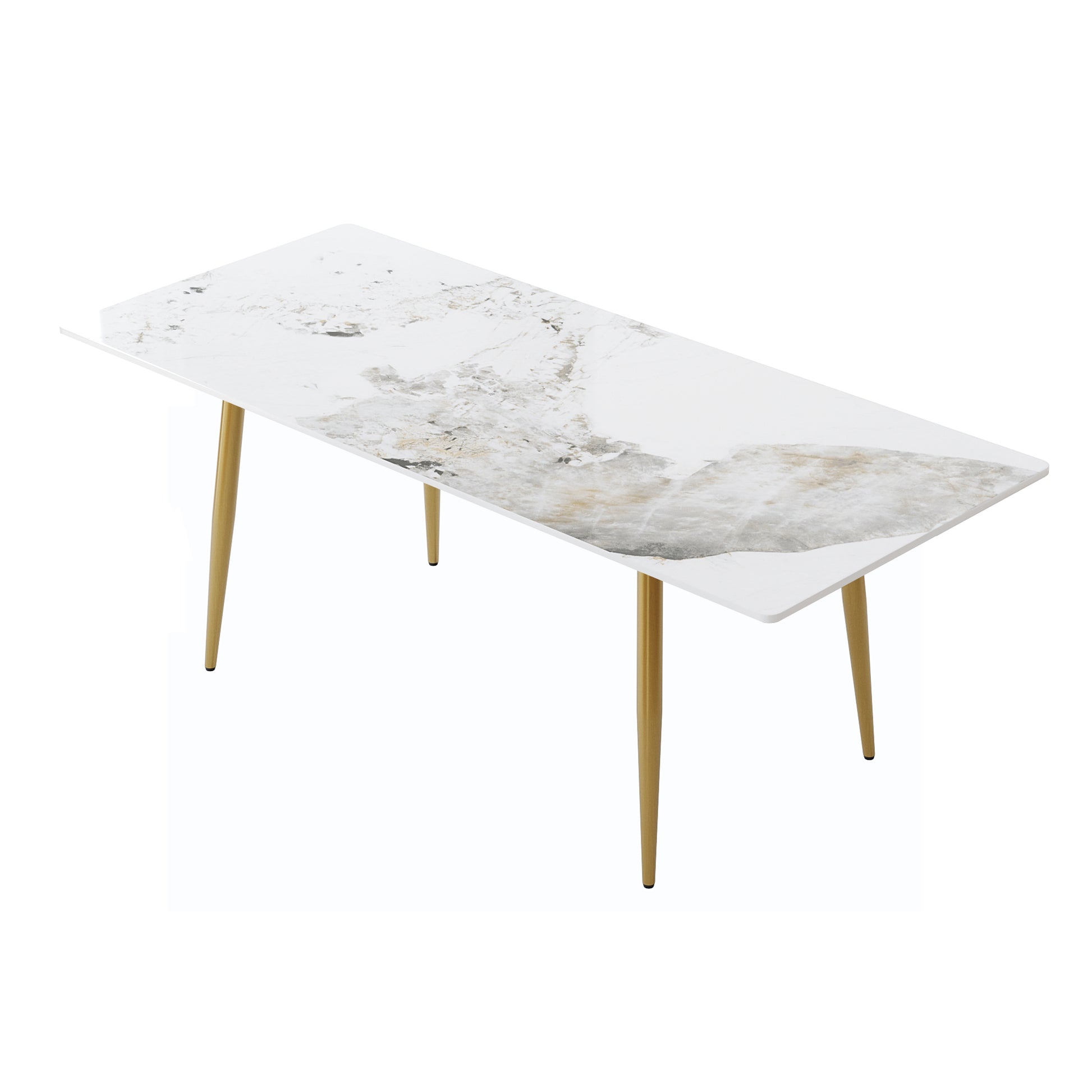 78.74" Modern Artificial Stone Pandora White Straight Edge Golden Metal Leg Dining Table Can Accommodate 8 People White Metal Sintered Stone
