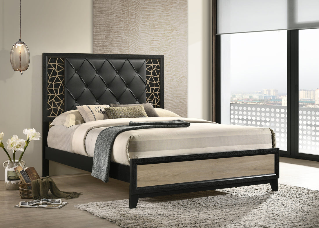 Selena Modern & Contemporary Queen Bed Made With Wood In Black And Natural Box Spring Not Required Queen Black Natural Wood Bedroom Contemporary,Modern Upholstered Wood