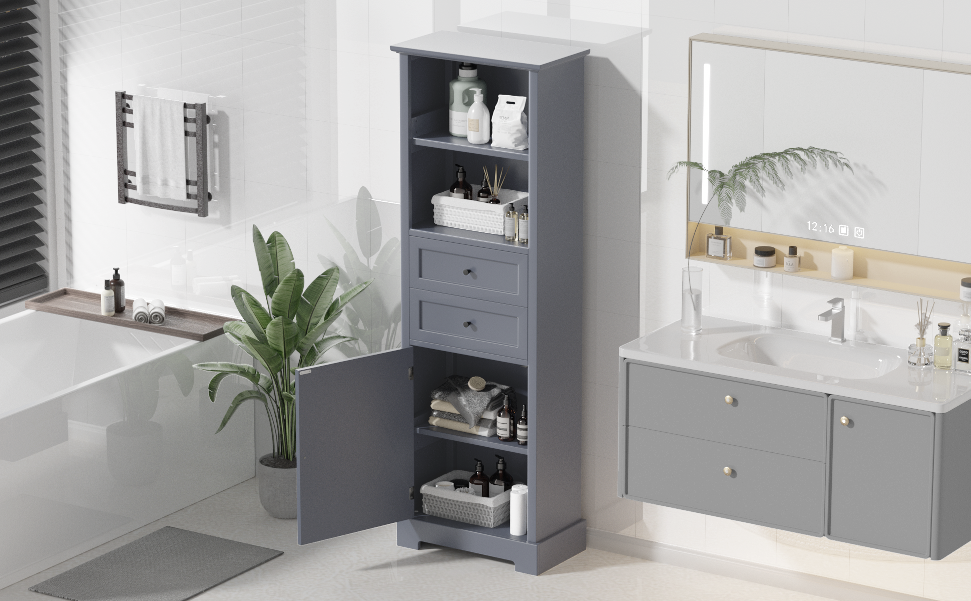 Bathroom Storage Cabinet, Tall Storage Cabinet with grey-mdf