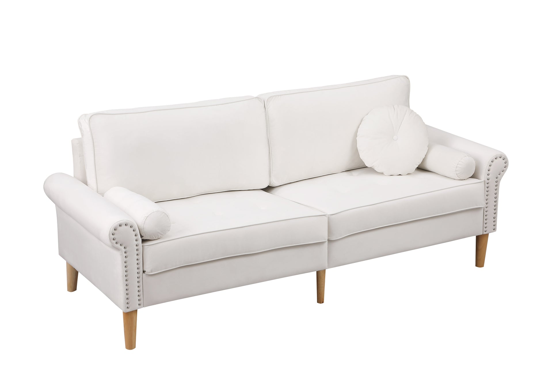 Living Room Sofa,3 Seater Sofawith Copper Nail On Arms ,Three Pillow,White White Velvet