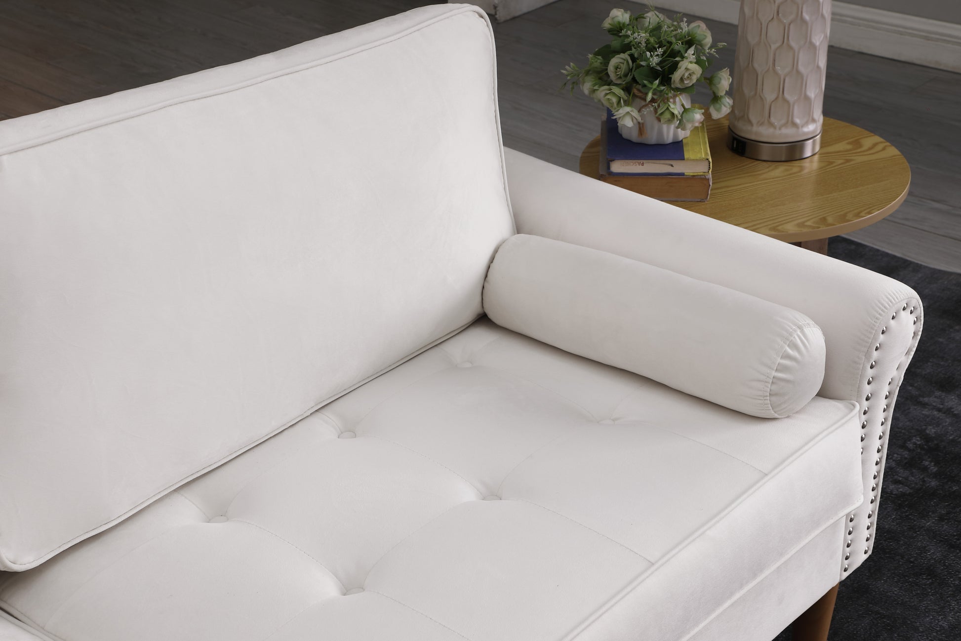 Living Room Sofa,3 Seater Sofawith Copper Nail On Arms ,Three Pillow,White White Velvet