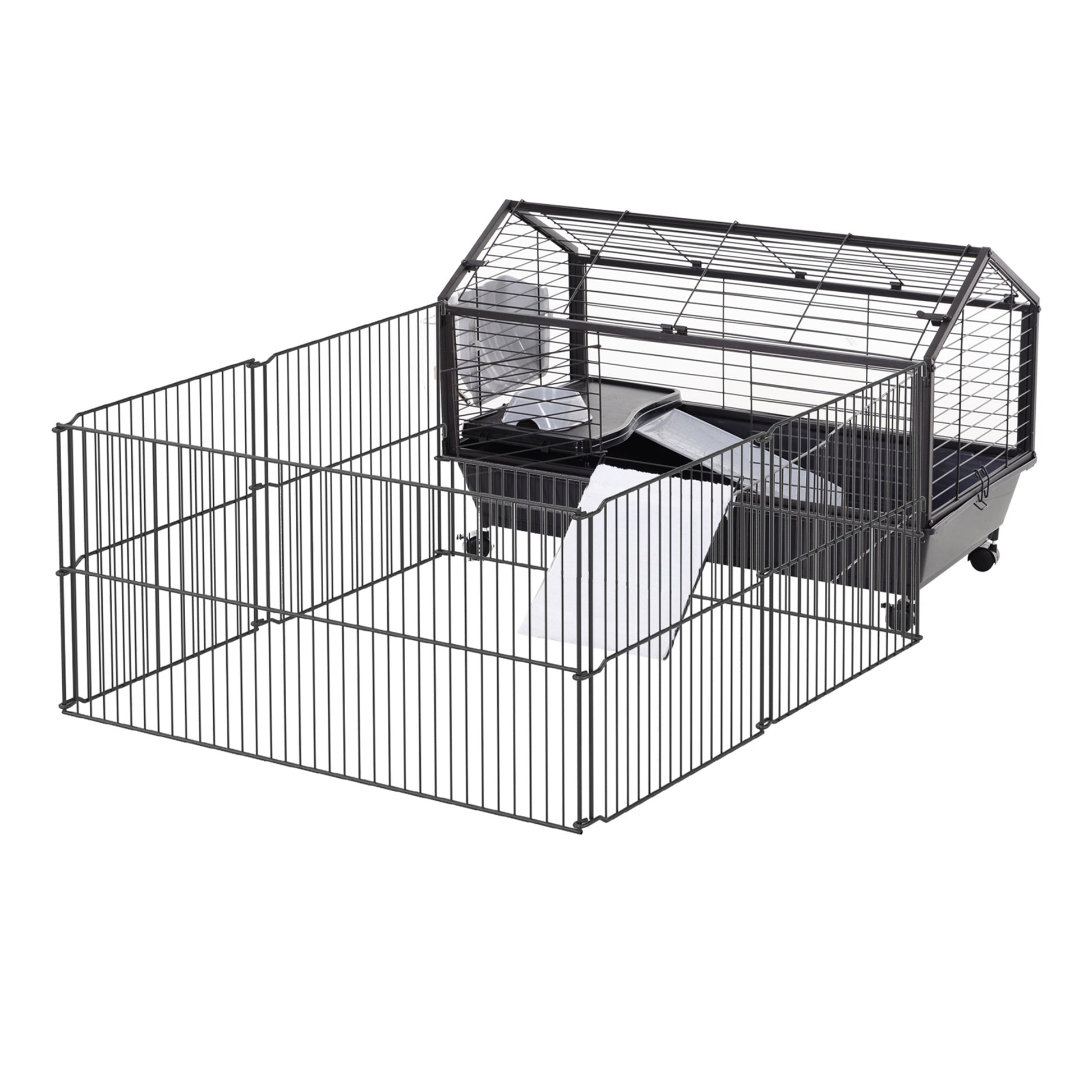 Small Animal Playpen Cage W Rolling Caster, Water Bottle, 35" L Black Steel