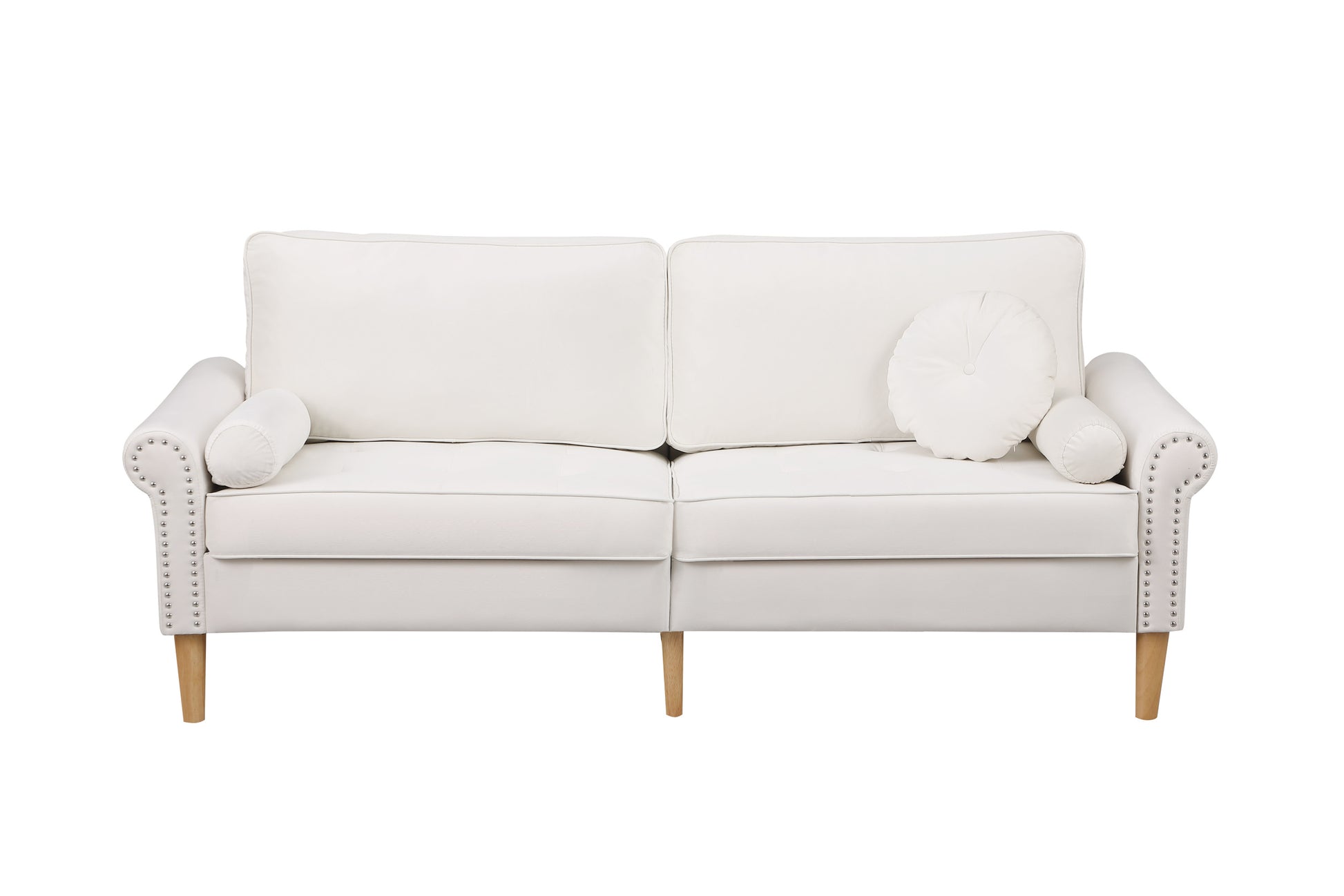 Living Room Sofa,3 Seater Sofawith Copper Nail On Arms ,Three Pillow,White White Velvet