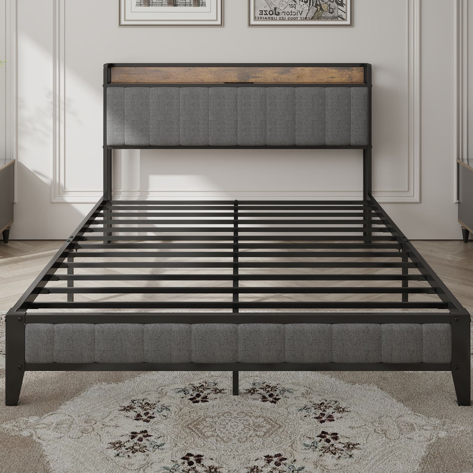Queen Size Bed Frame With Charging Station, Upholstered Headboard, Metal Platform, Grey Box Spring Not Required Queen Dark Gray Metal Bedroom Bed Frame Upholstered Linen Metal