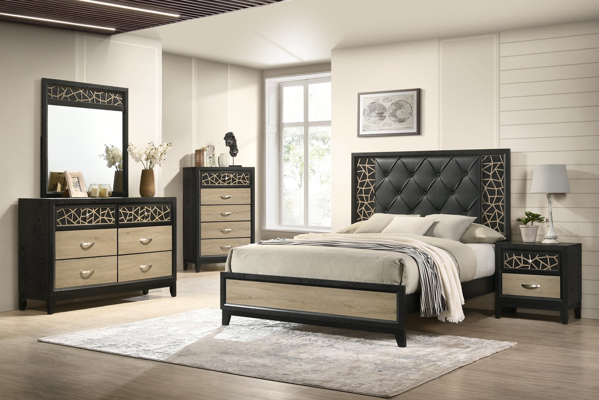 Selena Modern & Contemporary Queen 5Pc Bedroom Set Made With Wood In Black And Natural Box Spring Not Required Queen Black Natural Wood 5 Piece Set Bedroom Bed Included,Chest Included,Dresser Included,Mirror Included,Nightstand Included