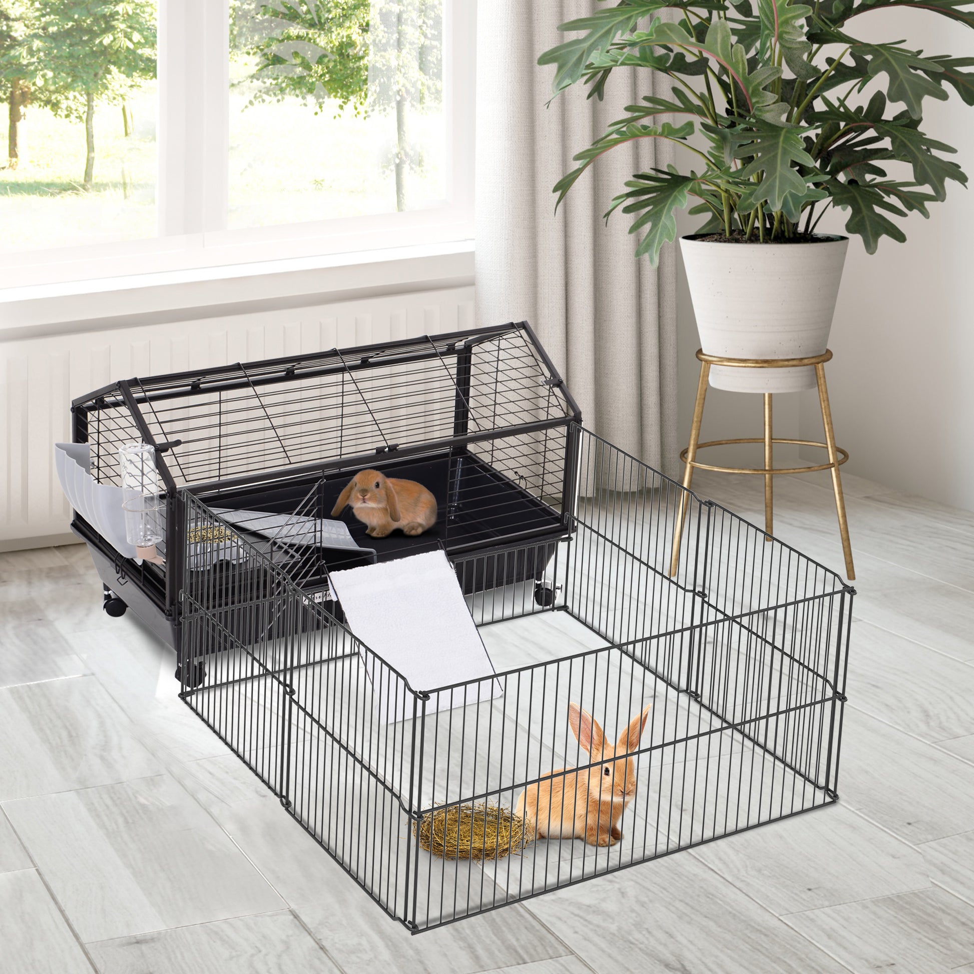 Small Animal Playpen Cage W Rolling Caster, Water Bottle, 35" L Black Steel