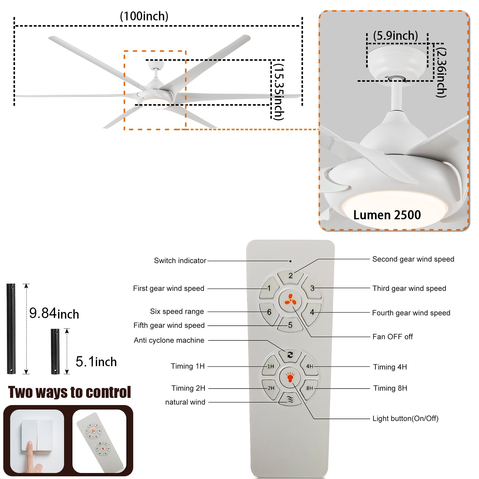 100" Ceiling Fans With Lights And Remote White Abs