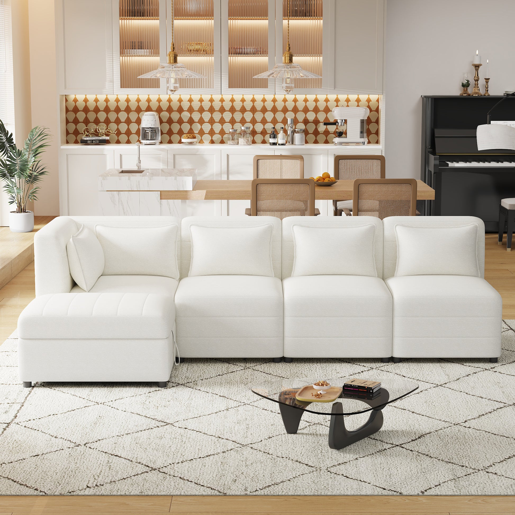 Free Combined Sectional Sofa 5 Seater Modular Couches With Storage Ottoman, 5 Pillows For Living Room, Bedroom, Office, Cream Cream Foam Chenille