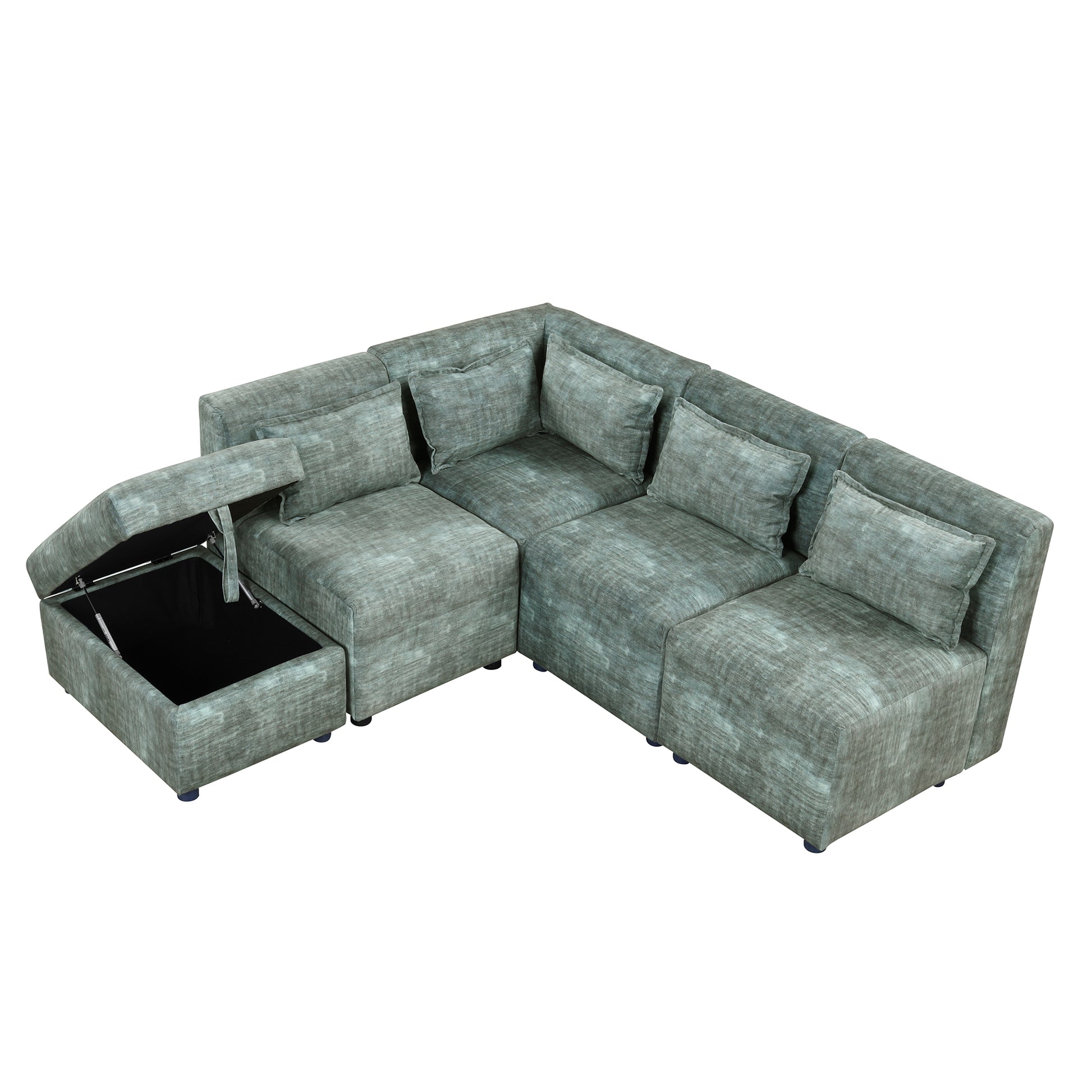 Free Combined Sectional Sofa 5 Seater Modular Couches With Storage Ottoman, 5 Pillows For Living Room, Bedroom, Office, Blue Green Blue Green Foam Chenille