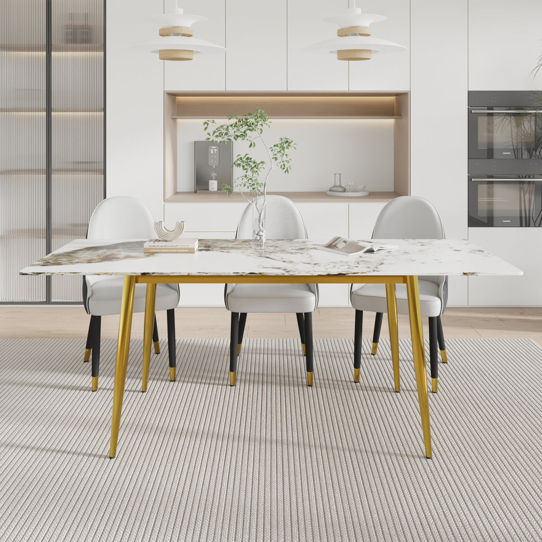 78.74" Modern Artificial Stone Pandora White Straight Edge Golden Metal Leg Dining Table Can Accommodate 8 People White Metal Sintered Stone